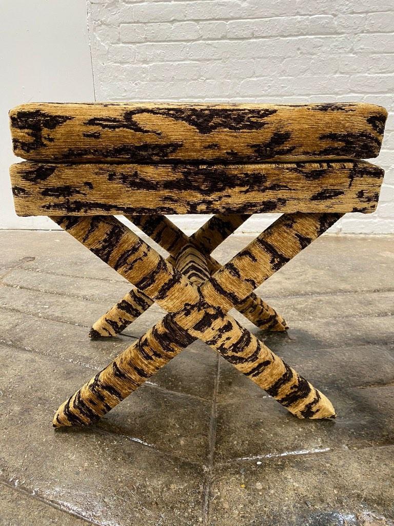 Hollywood Regency Pair X-Frame Stools, Covered in Tiger Skin Fabric