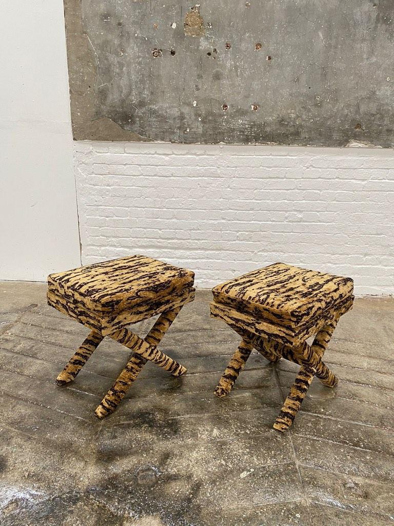 English Pair X-Frame Stools, Covered in Tiger Skin Fabric