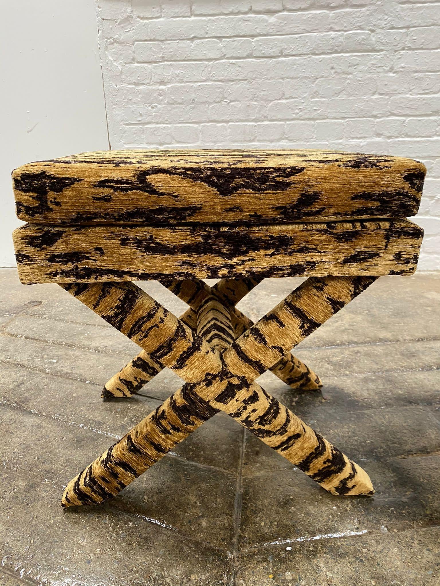 Hollywood Regency X-Frame Stool, Covered in Tiger Skin Fabric For Sale