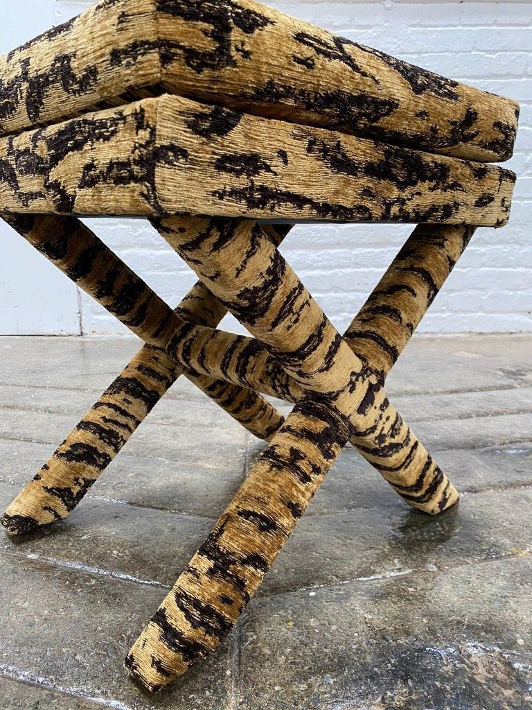 Pair X-Frame Stools, Covered in Tiger Skin Fabric In Good Condition In Sherborne, GB