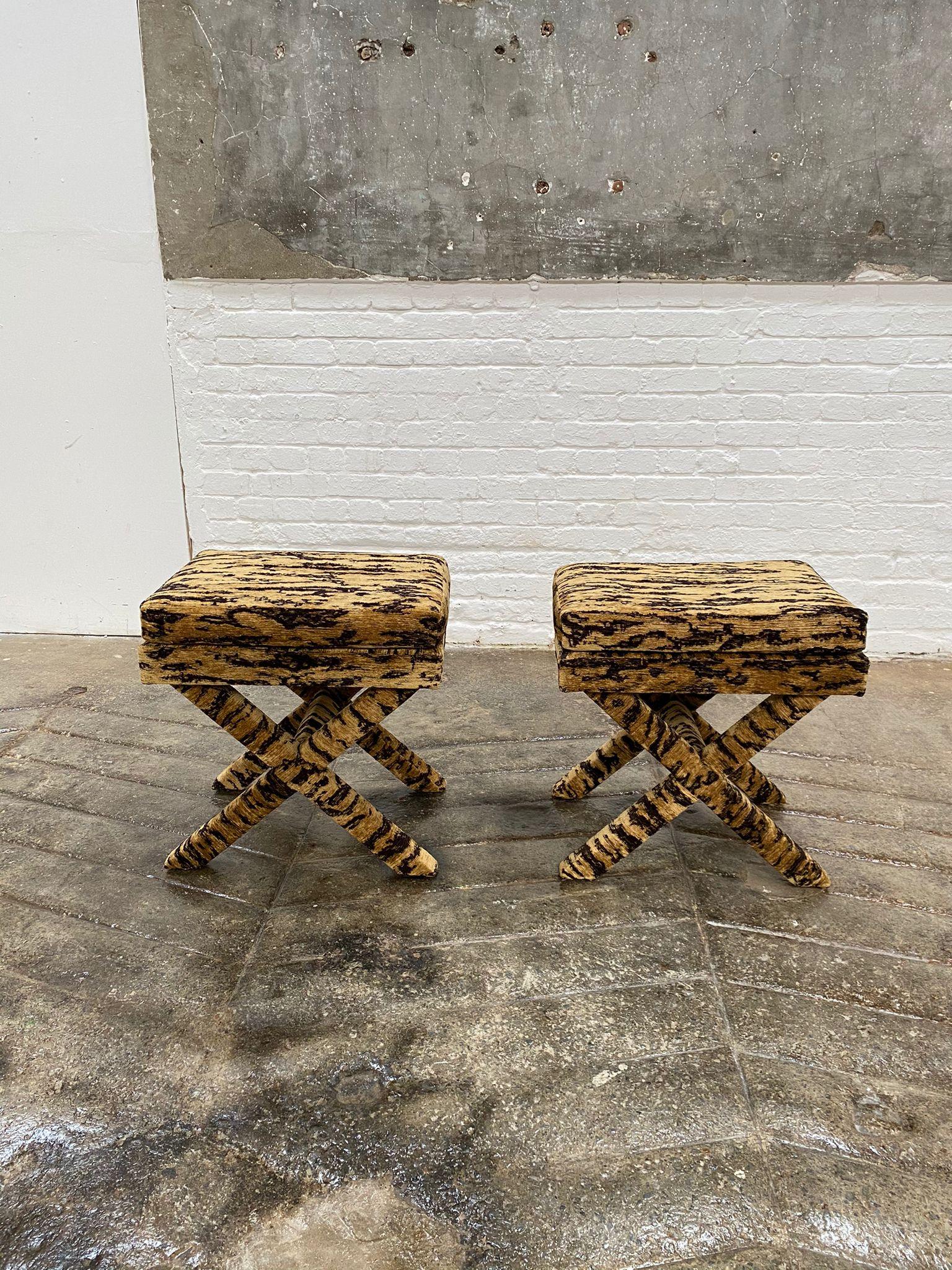 Hollywood Regency X-Frame Stool, Covered in Tiger Skin Fabric