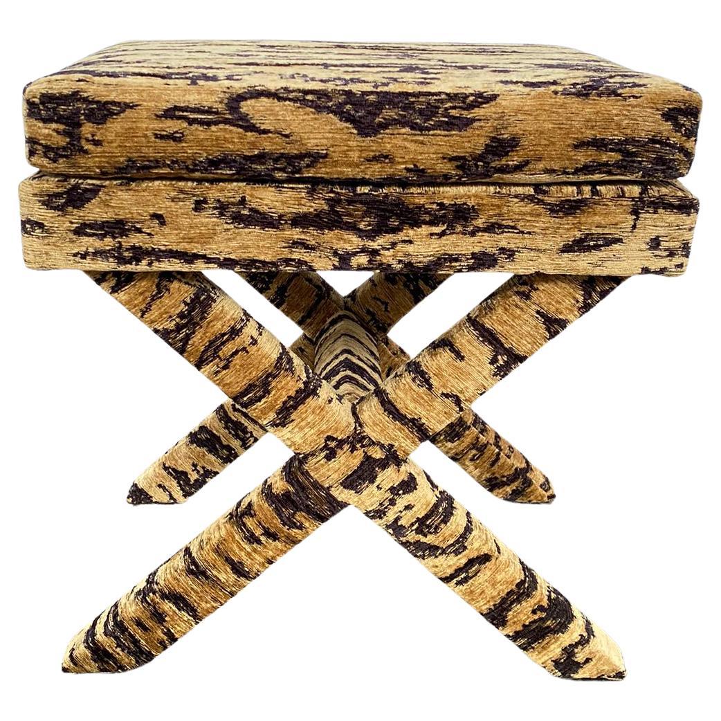 X-Frame Stool, Covered in Tiger Skin Fabric For Sale