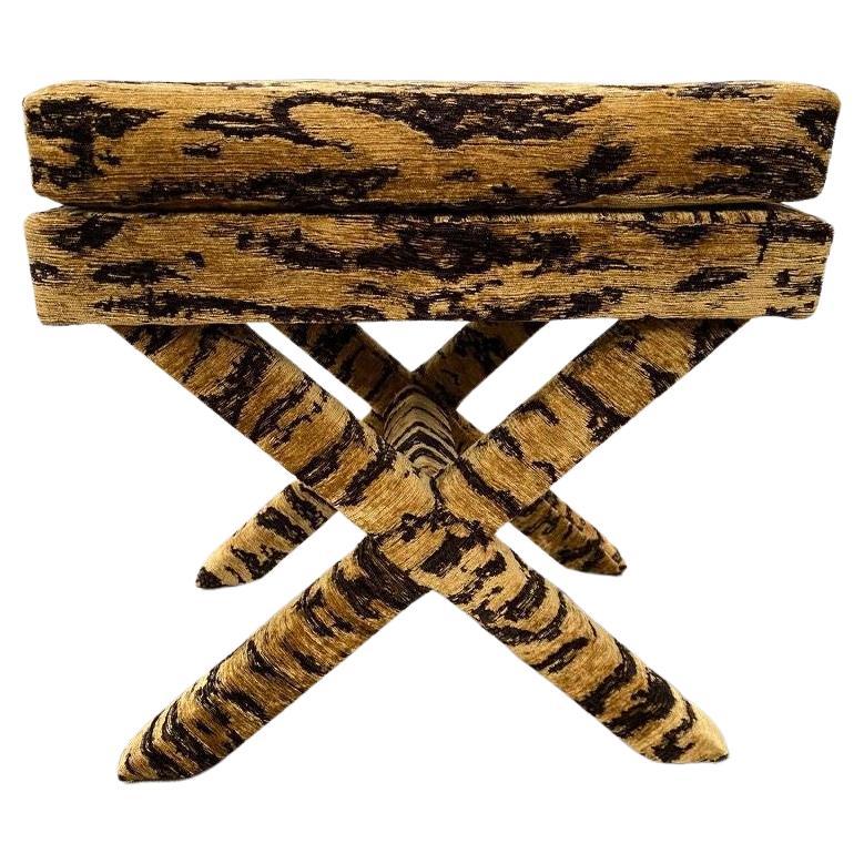 Pair X-Frame Stools, Covered in Tiger Skin Fabric