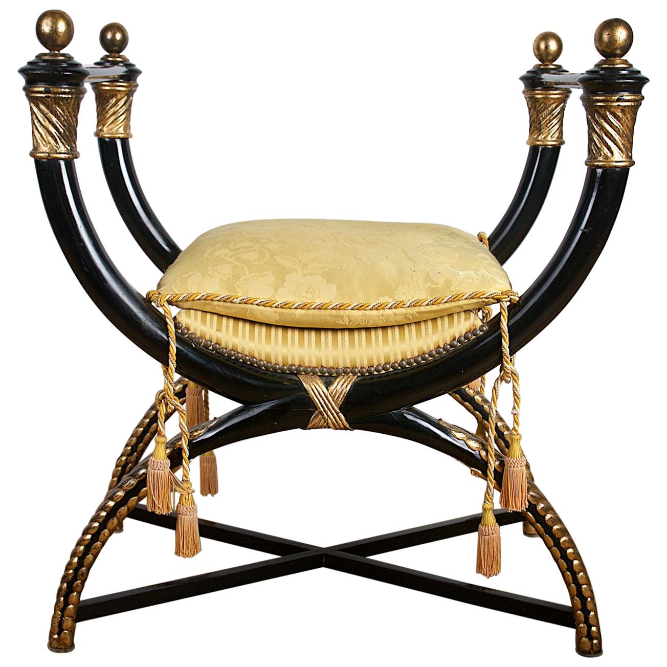 X-Frame Stool, Ebonised and Giltwood For Sale