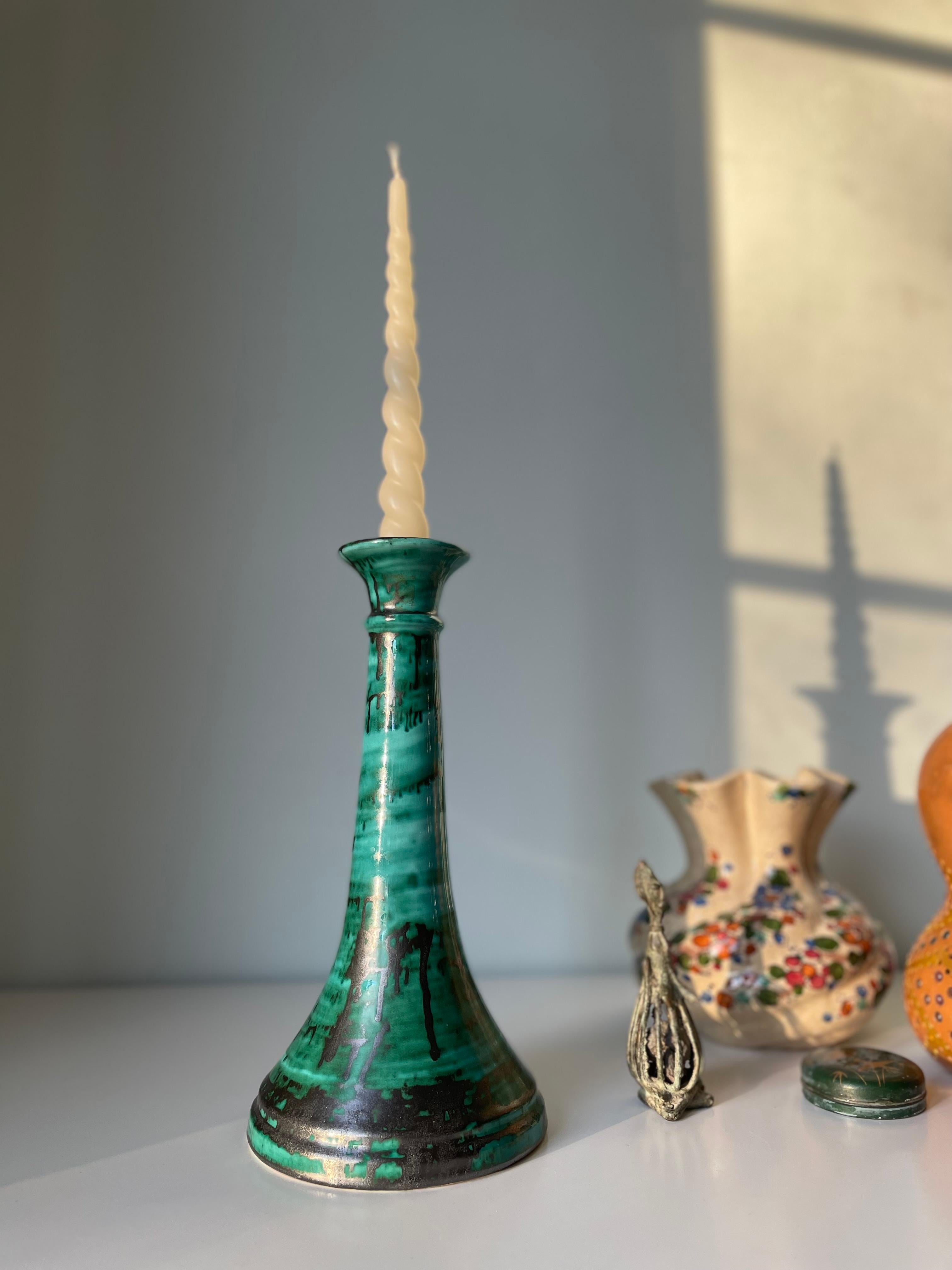 Large handmade Scandinavian modern bohemian style candle holder. Striking black and emerald green running glaze resembling the Moroccan Tamegroute pottery style in both color and shape. Designed and handmade in the late 1970s-early 1980s by Pernille