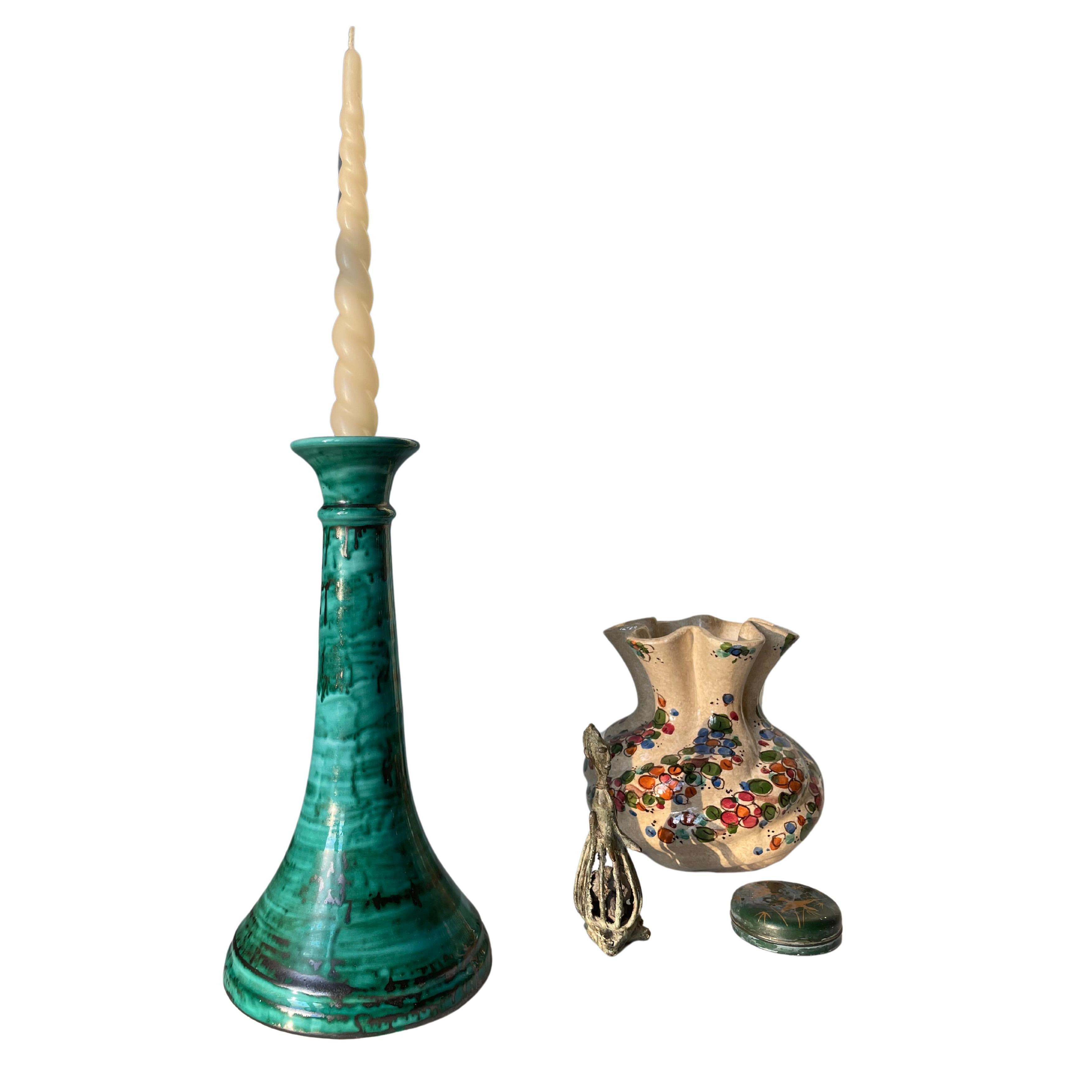 X-großer Kerzenhalter aus Keramik in Grün und Schwarz, 1980er Jahre