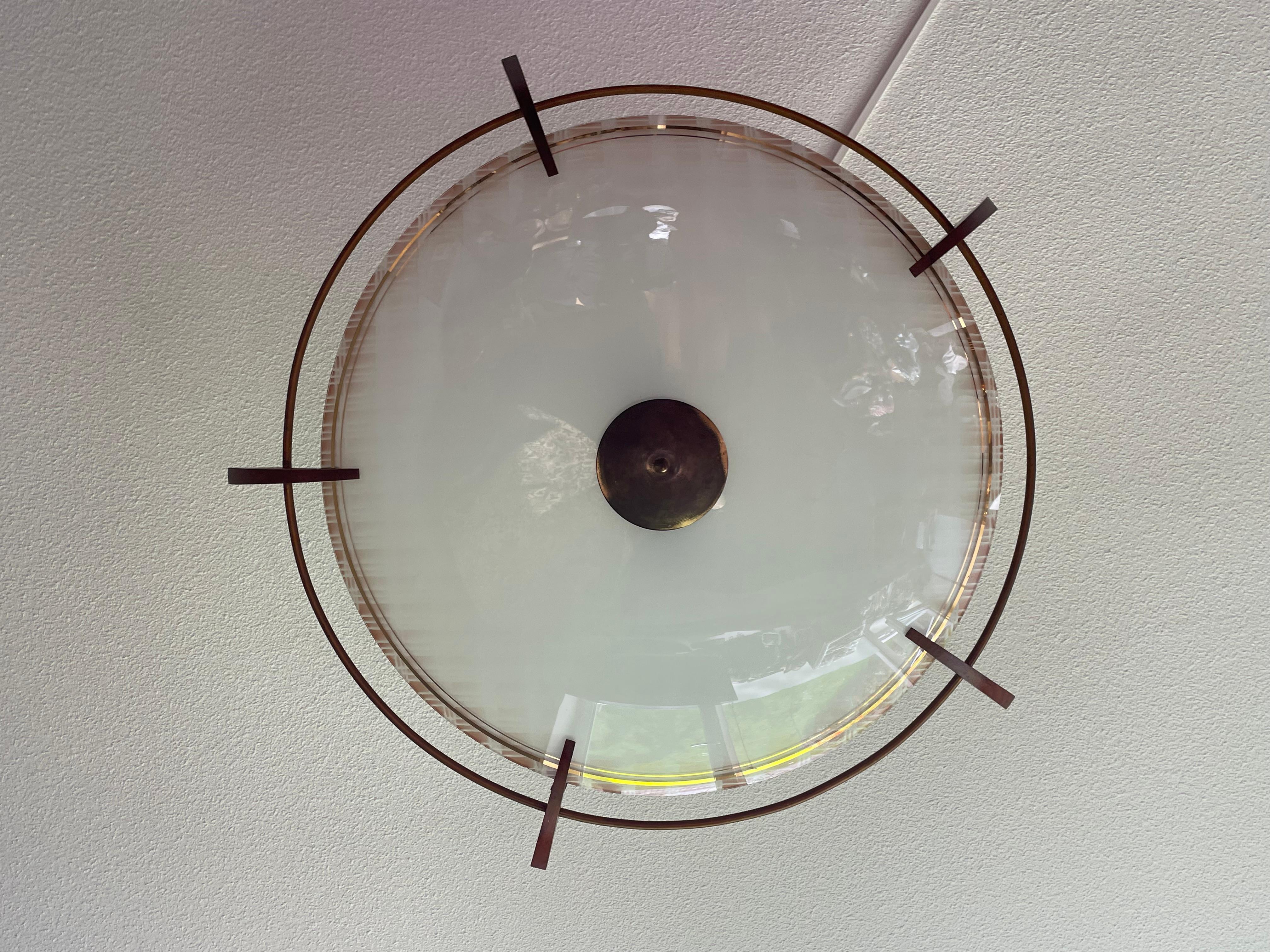 X Large 2 Light Midcentury Modern Mint Glass, Brass & Teakwood Flush Mount 1950s 3
