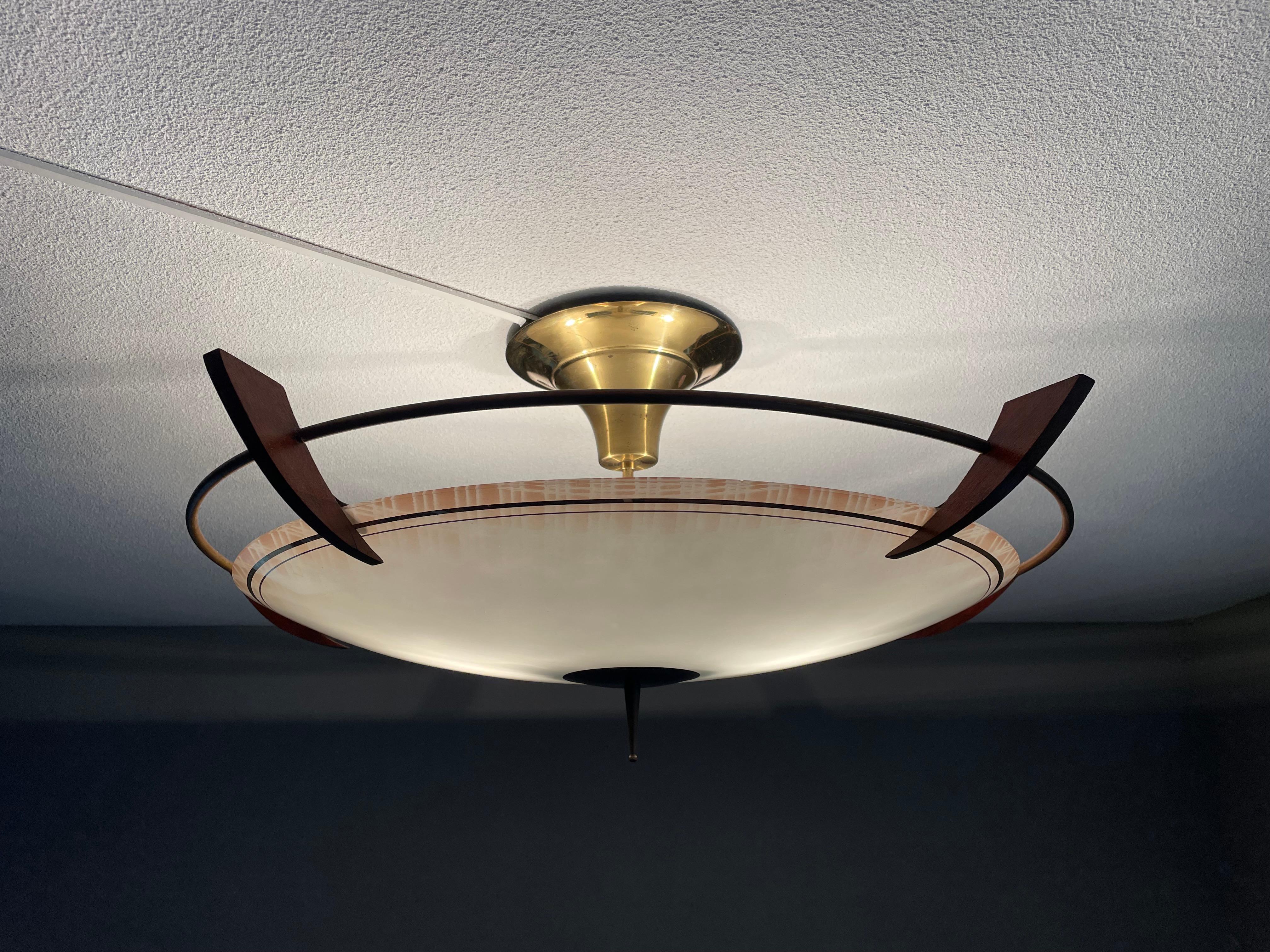 X Large 2 Light Midcentury Modern Mint Glass, Brass & Teakwood Flush Mount 1950s 4