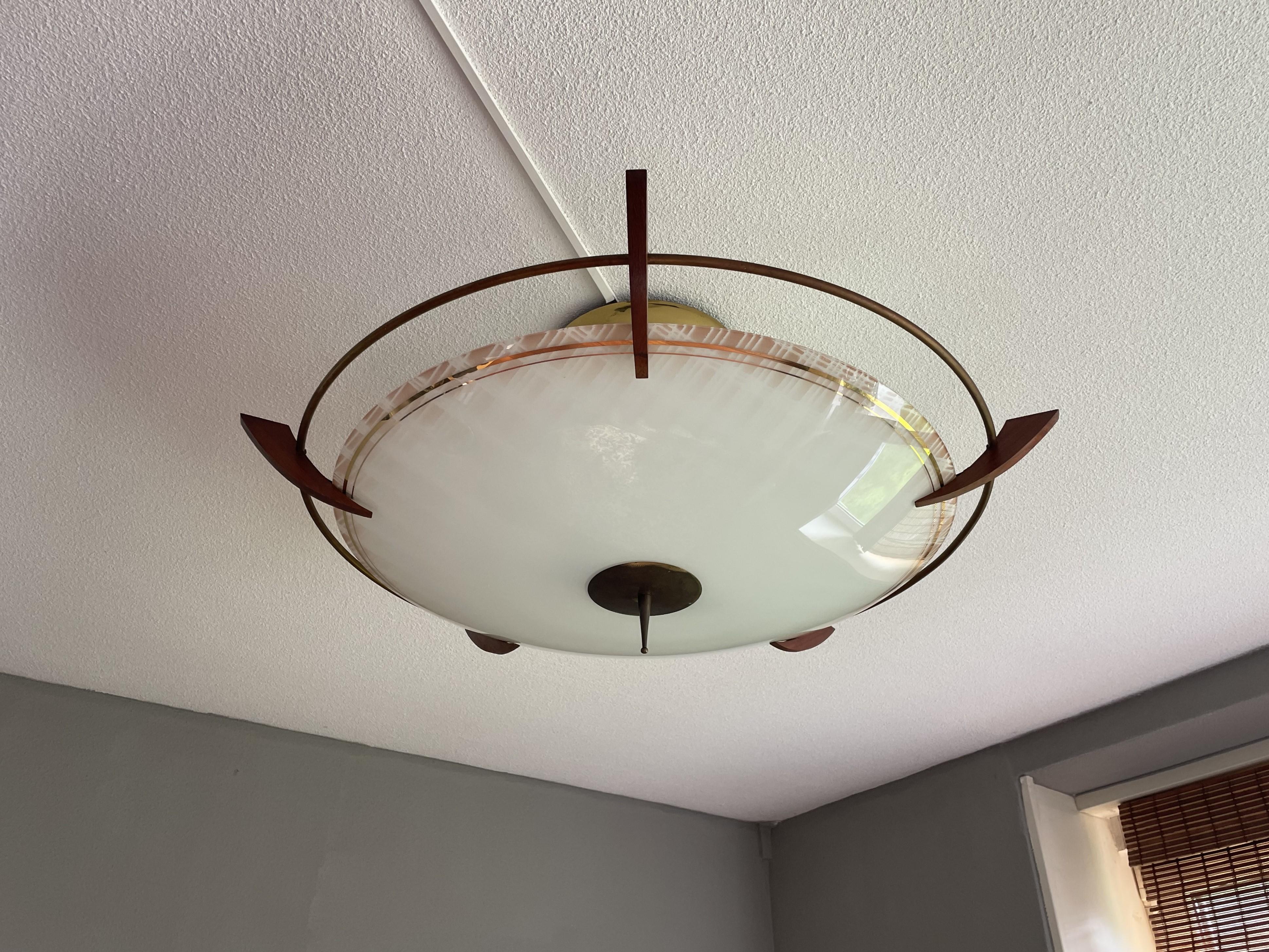 X Large 2 Light Midcentury Modern Mint Glass, Brass & Teakwood Flush Mount 1950s 5