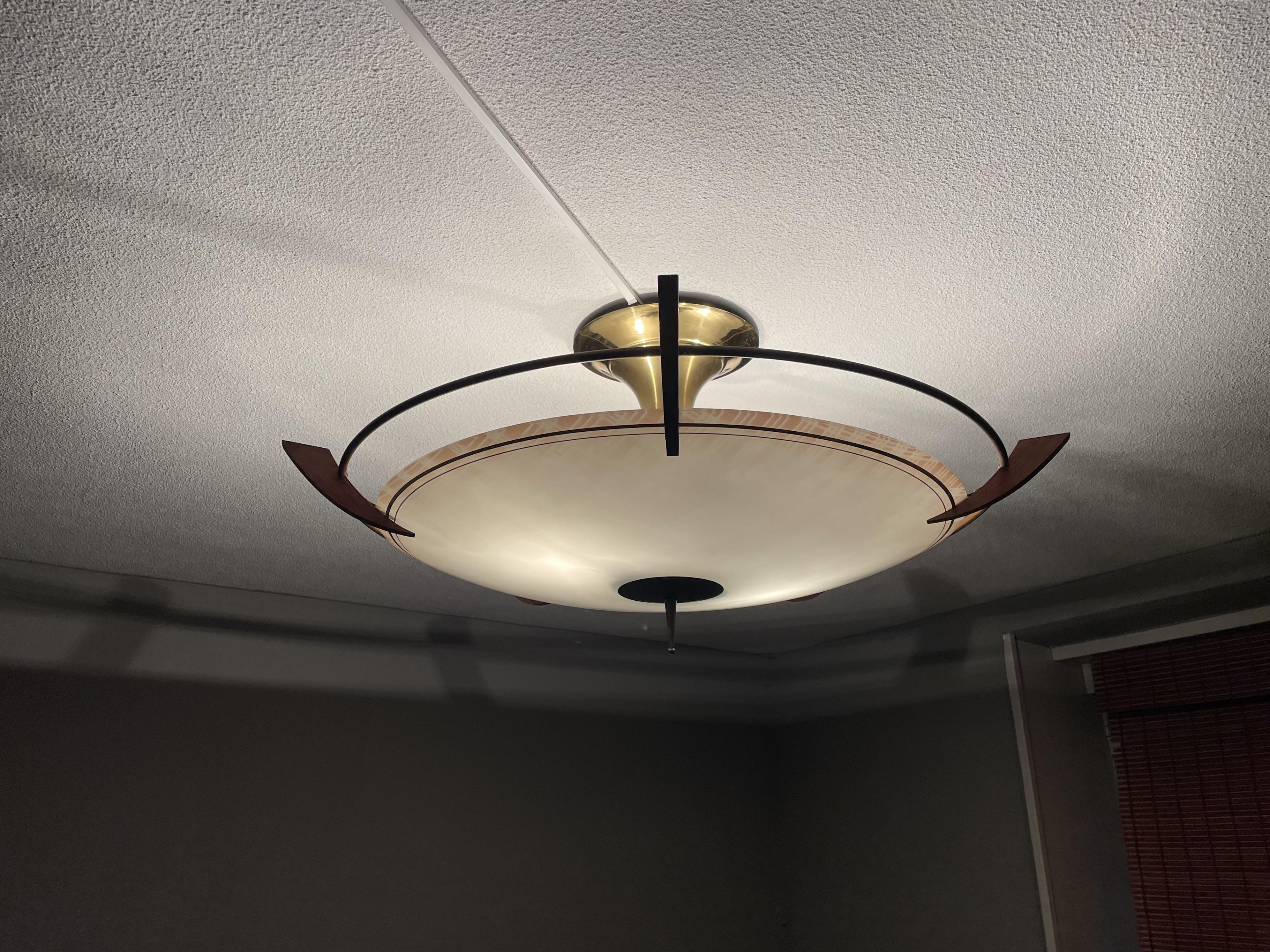 X Large 2 Light Midcentury Modern Mint Glass, Brass & Teakwood Flush Mount 1950s 6