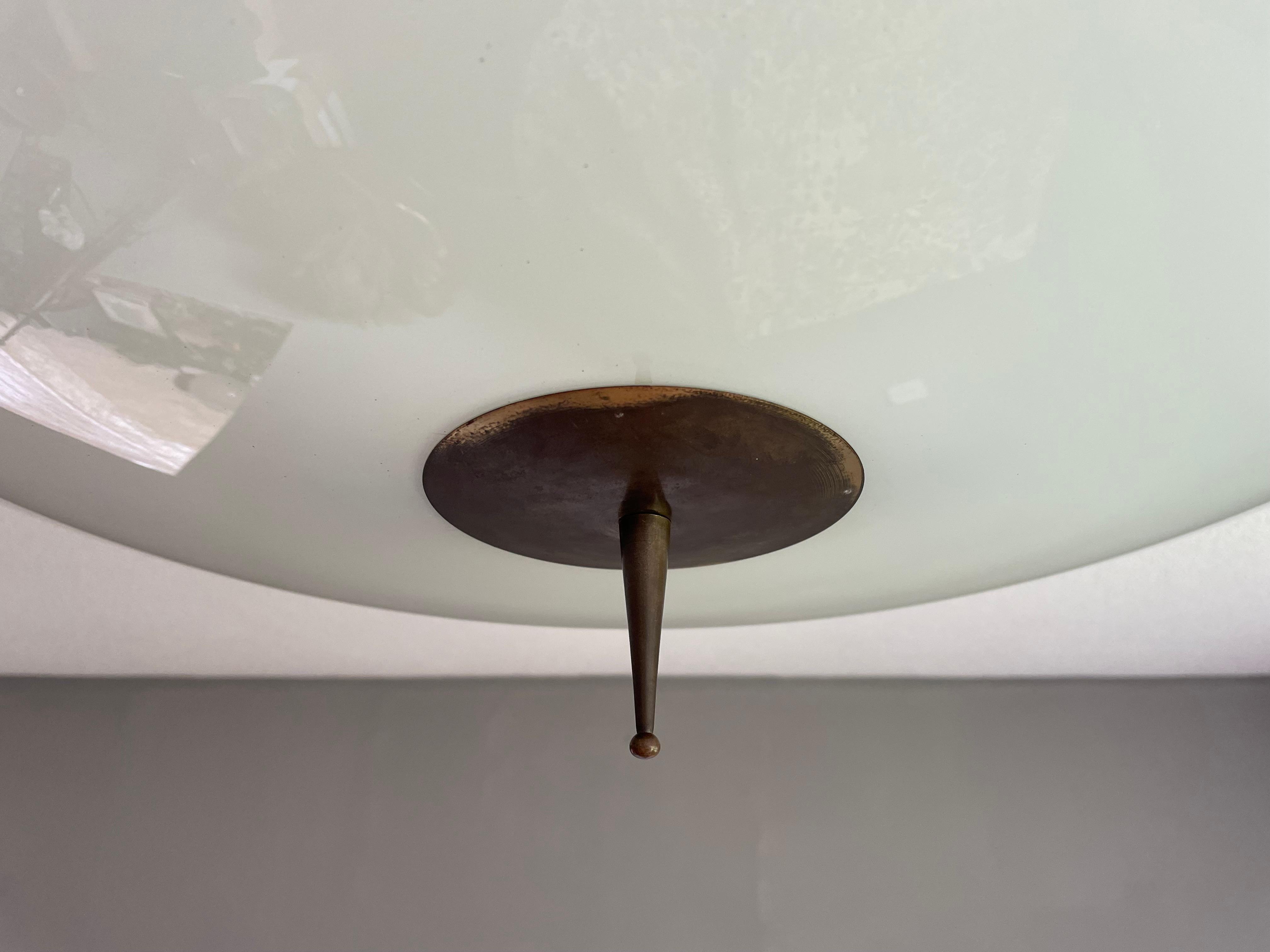 X Large 2 Light Midcentury Modern Mint Glass, Brass & Teakwood Flush Mount 1950s 7