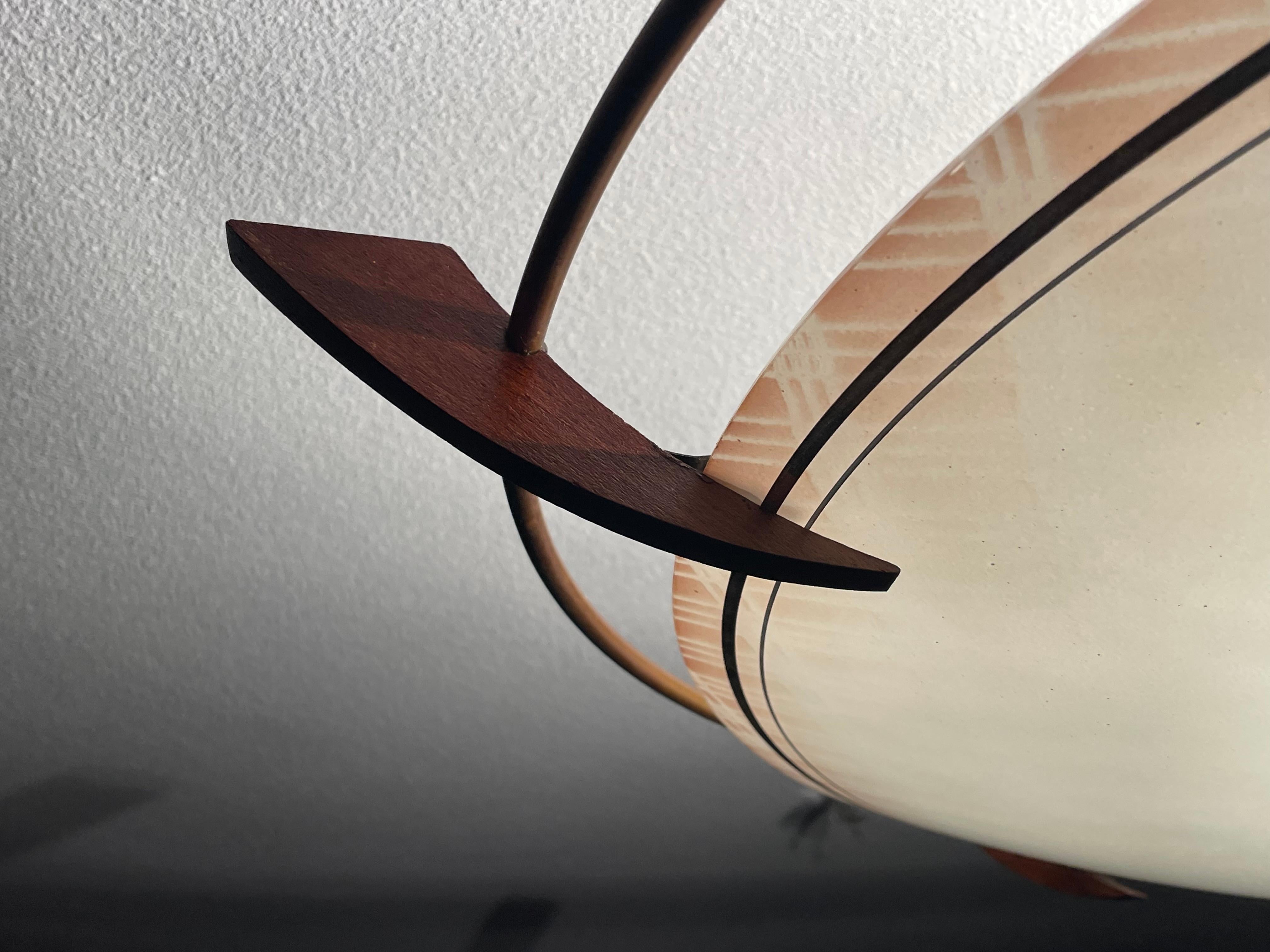 X Large 2 Light Midcentury Modern Mint Glass, Brass & Teakwood Flush Mount 1950s 8