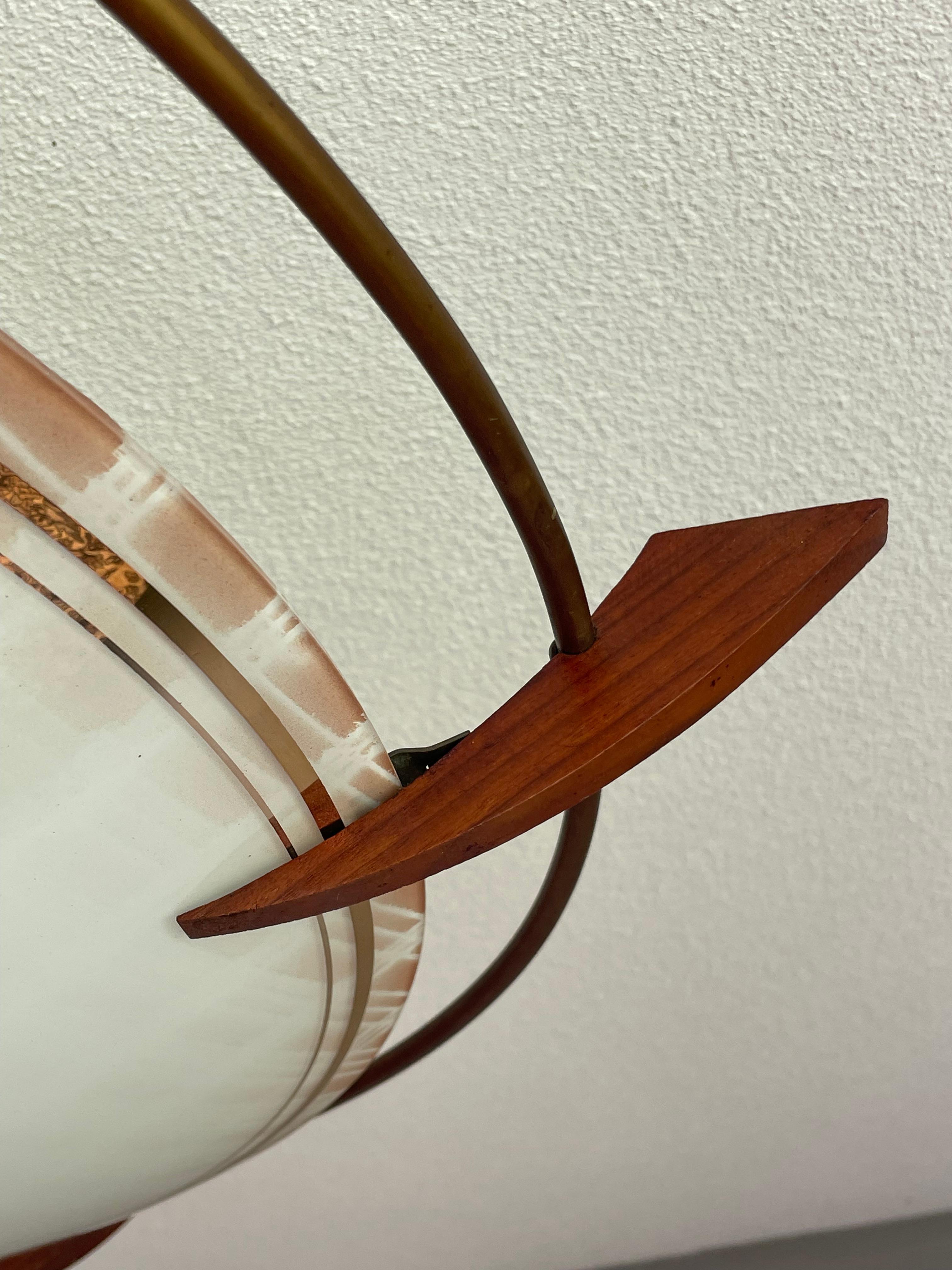 X Large 2 Light Midcentury Modern Mint Glass, Brass & Teakwood Flush Mount 1950s 9