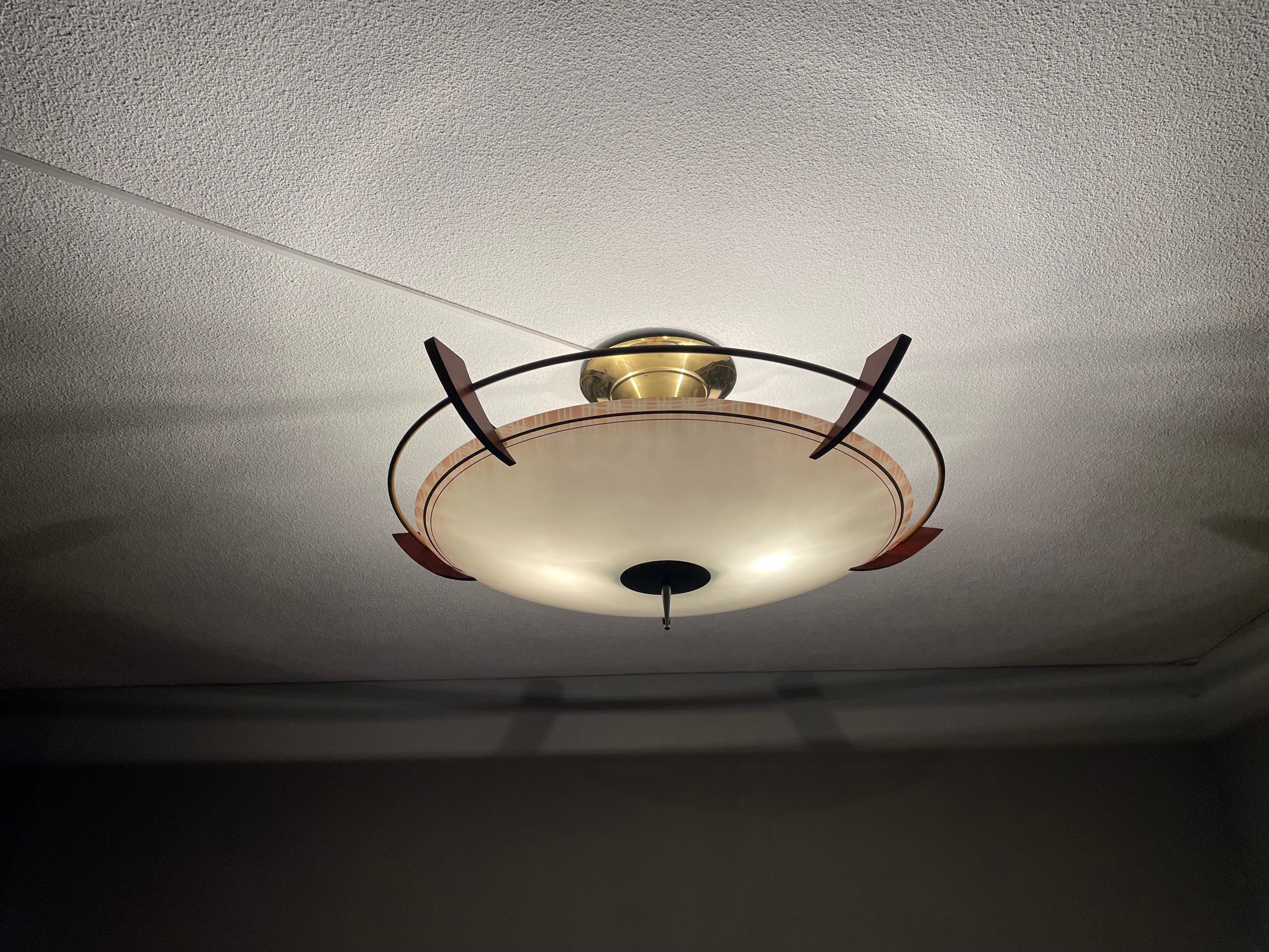 X Large 2 Light Midcentury Modern Mint Glass, Brass & Teakwood Flush Mount 1950s 10