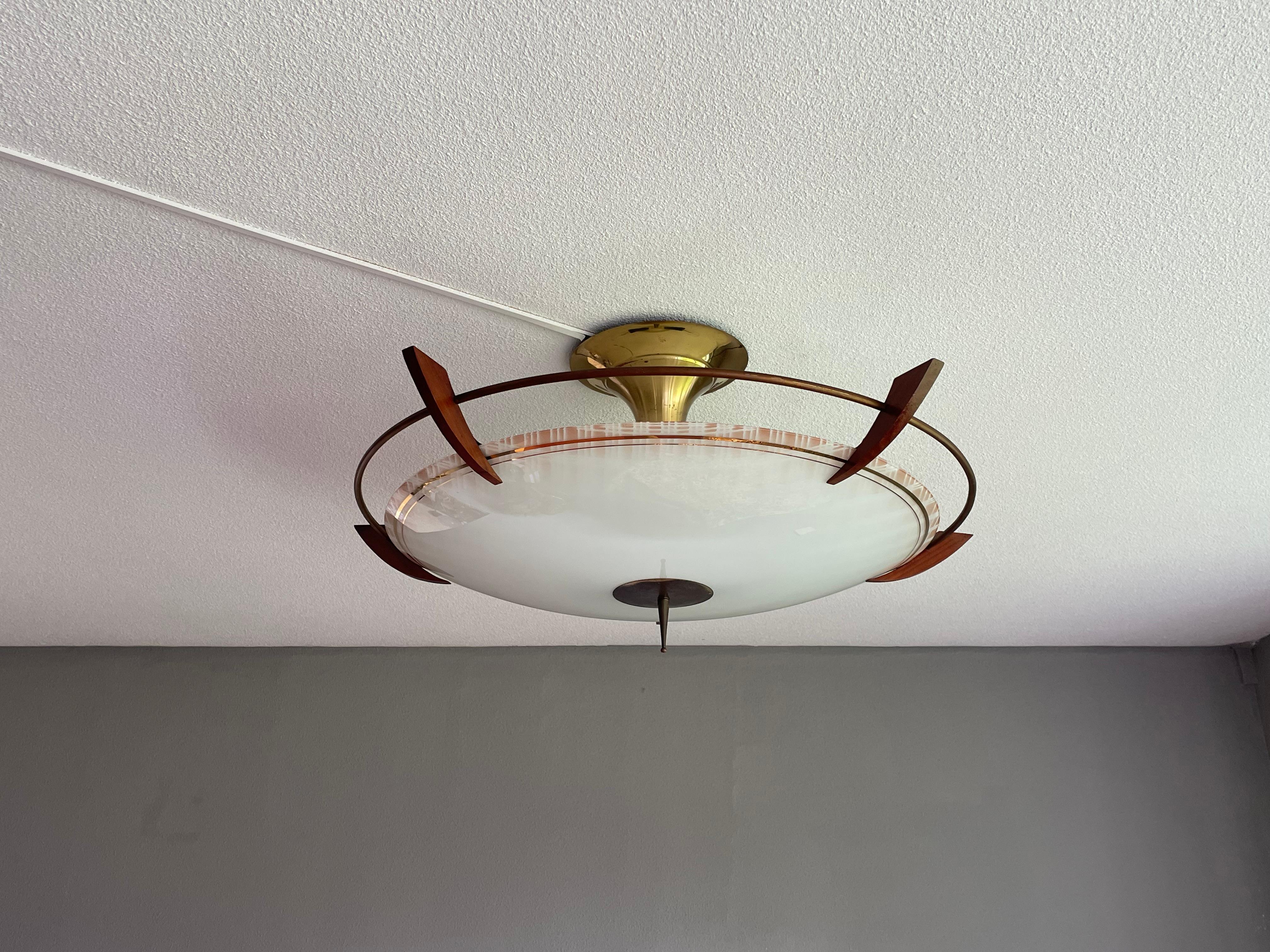 X Large 2 Light Midcentury Modern Mint Glass, Brass & Teakwood Flush Mount 1950s 11