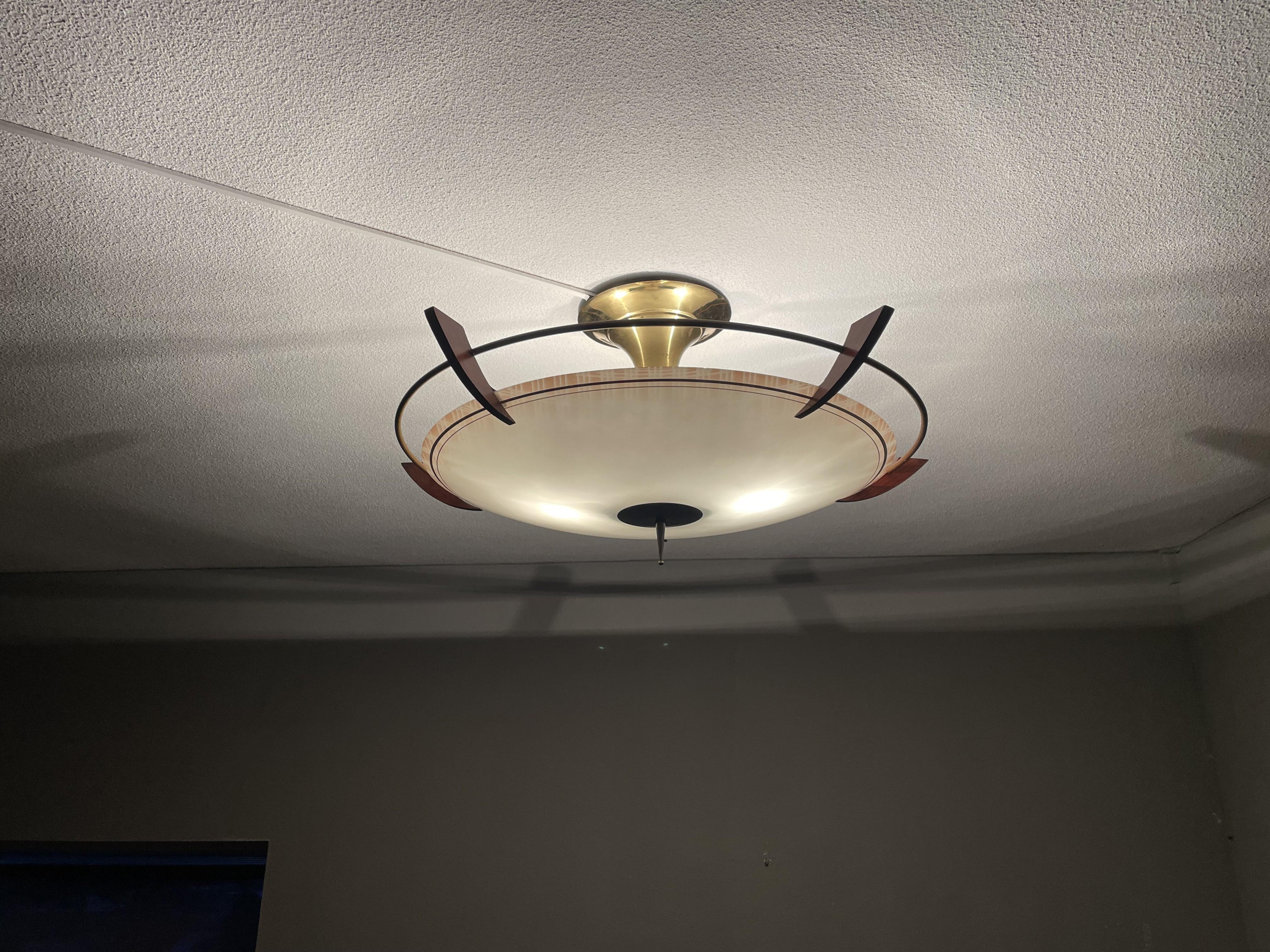 X Large 2 Light Midcentury Modern Mint Glass, Brass & Teakwood Flush Mount 1950s 12