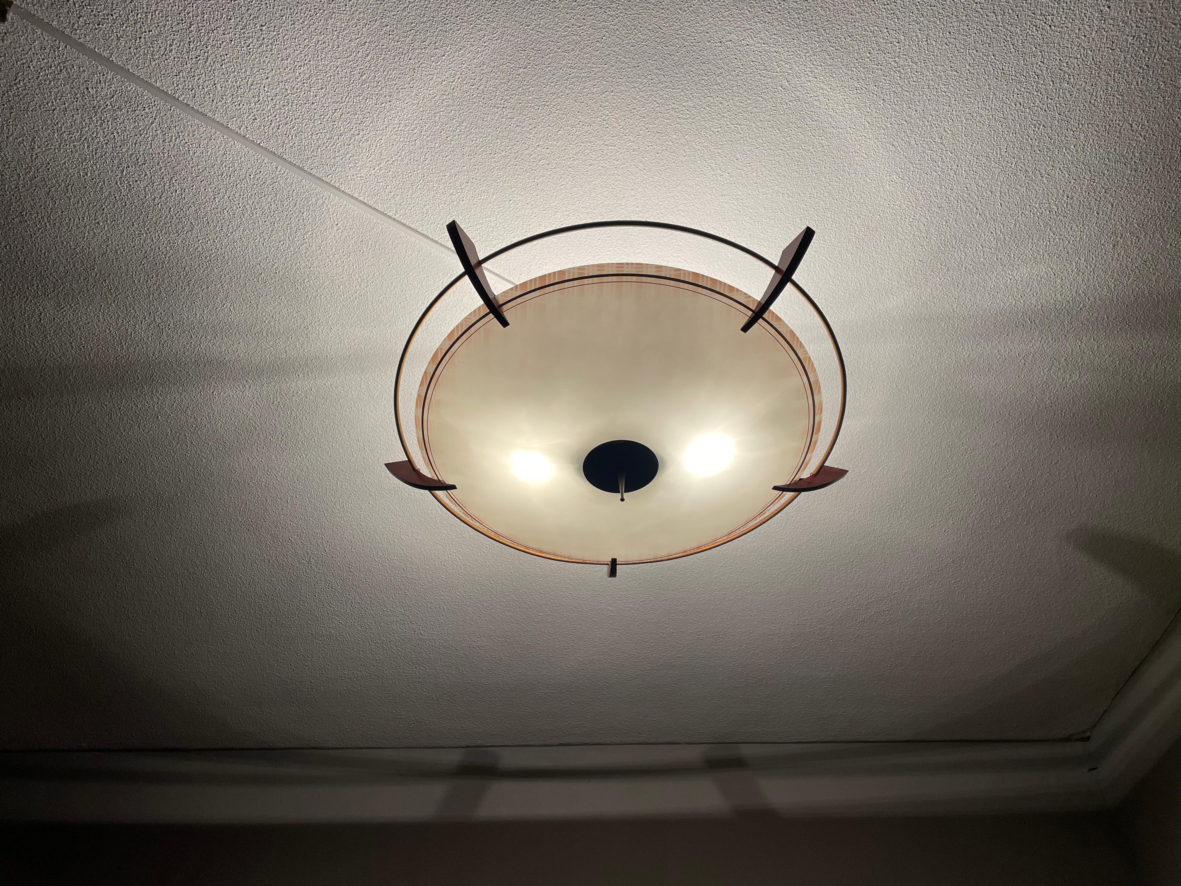 X Large 2 Light Midcentury Modern Mint Glass, Brass & Teakwood Flush Mount 1950s (Europäisch)