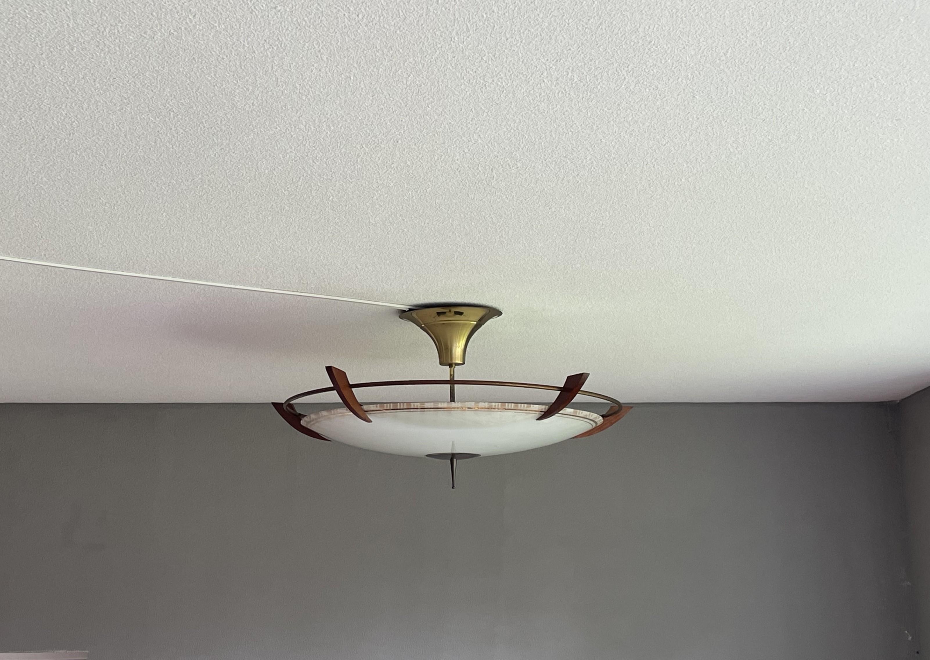 X Large 2 Light Midcentury Modern Mint Glass, Brass & Teakwood Flush Mount 1950s (Patiniert)