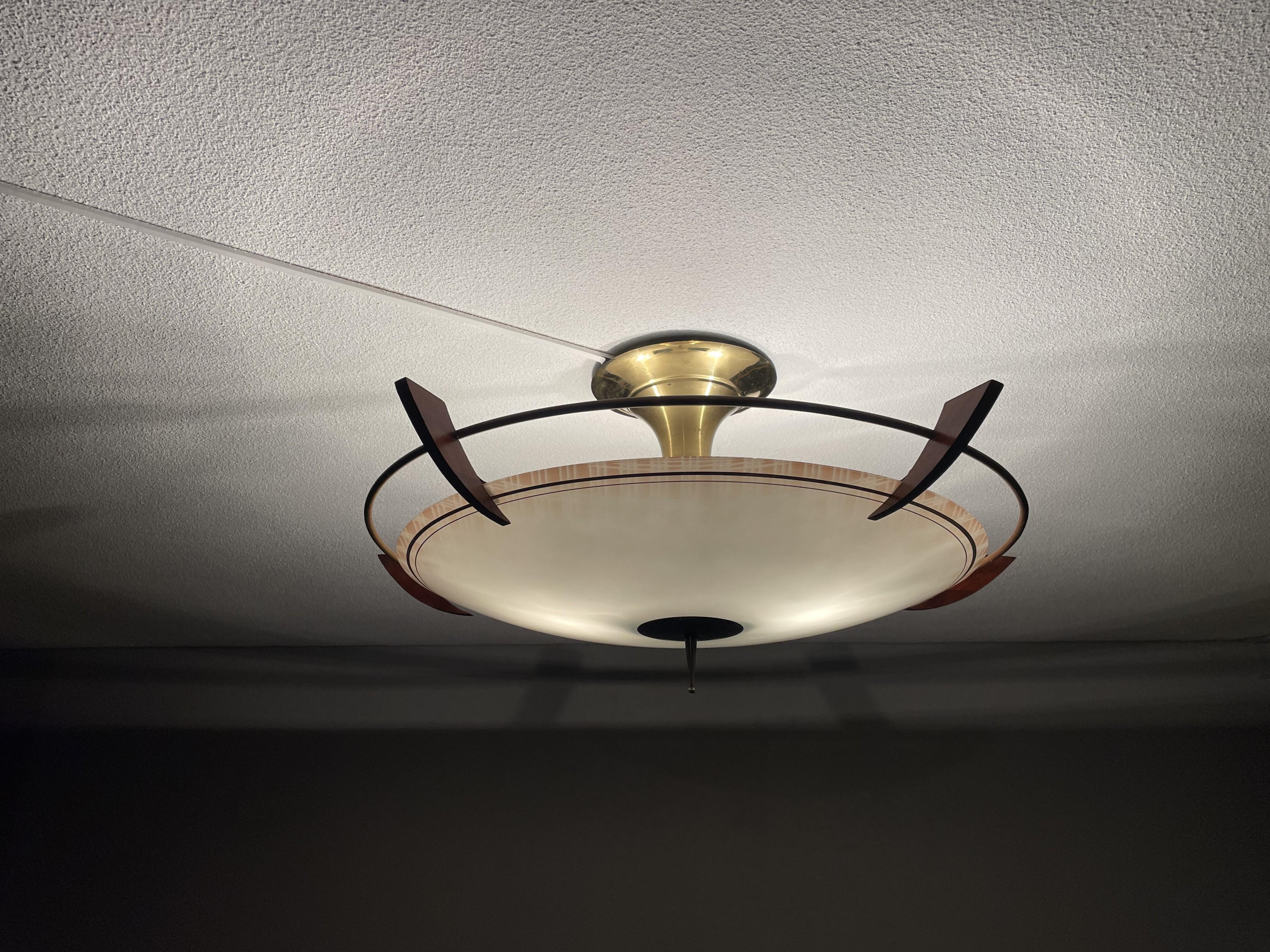 X Large 2 Light Midcentury Modern Mint Glass, Brass & Teakwood Flush Mount 1950s im Zustand „Gut“ in Lisse, NL