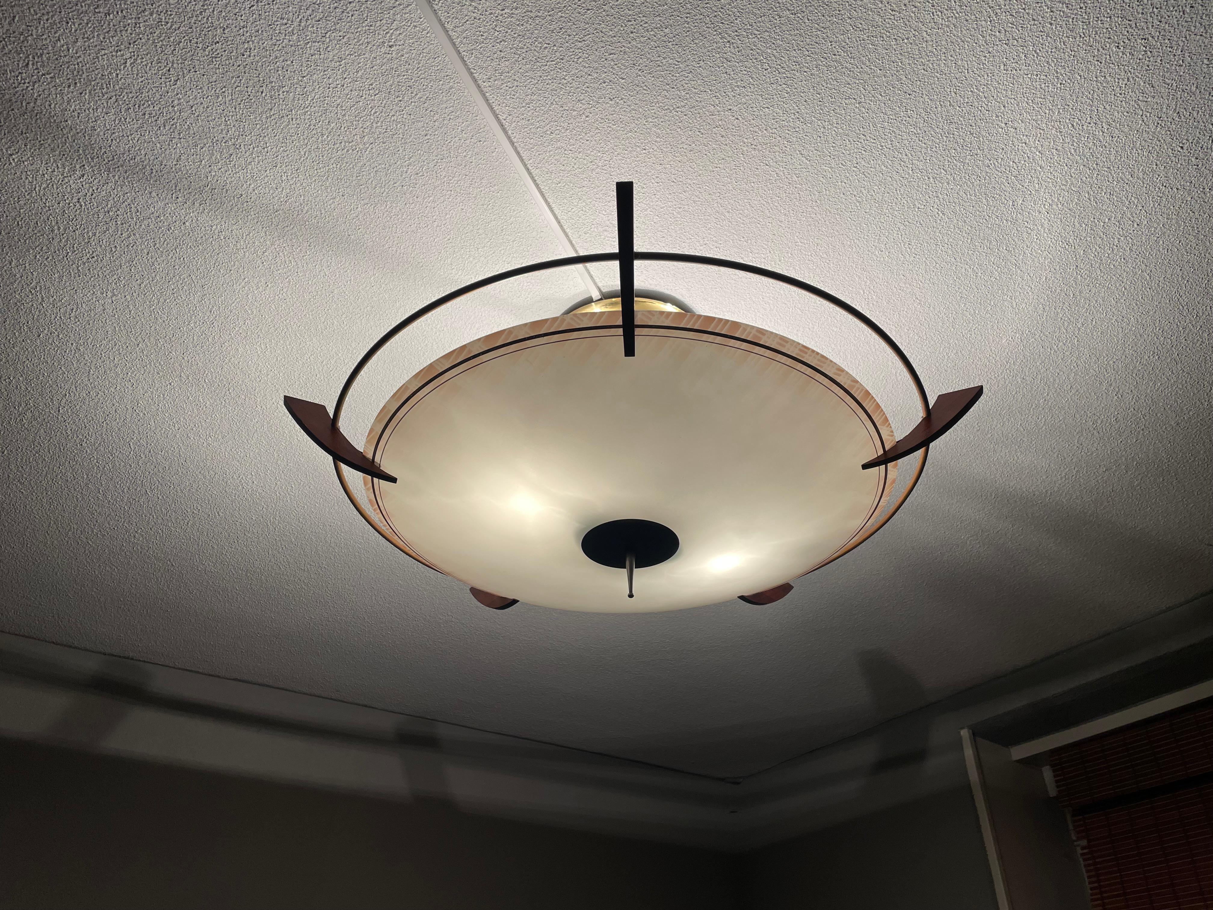 X Large 2 Light Midcentury Modern Mint Glass, Brass & Teakwood Flush Mount 1950s (Teakholz)