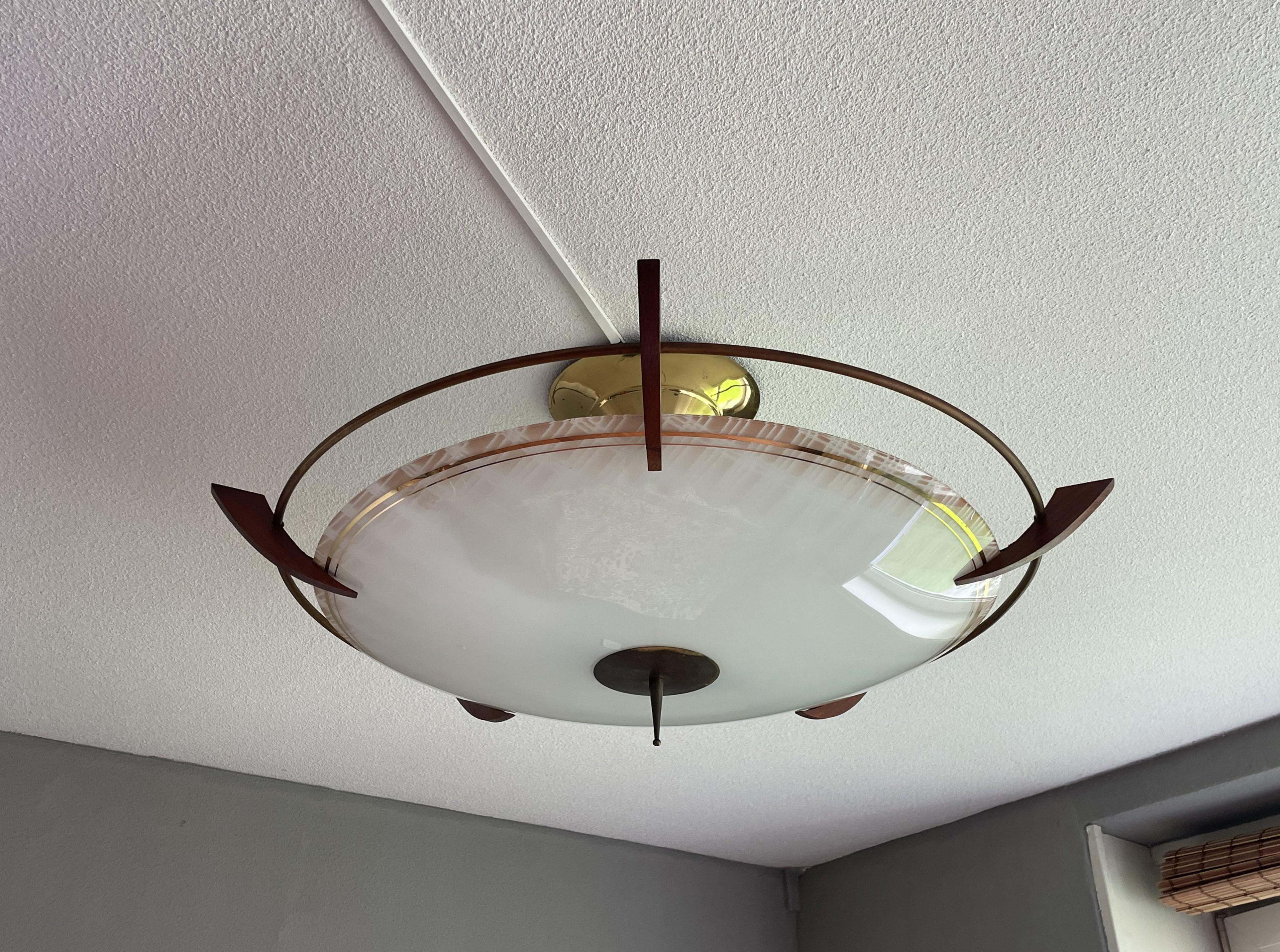 X Large 2 Light Midcentury Modern Mint Glass, Brass & Teakwood Flush Mount 1950s 1