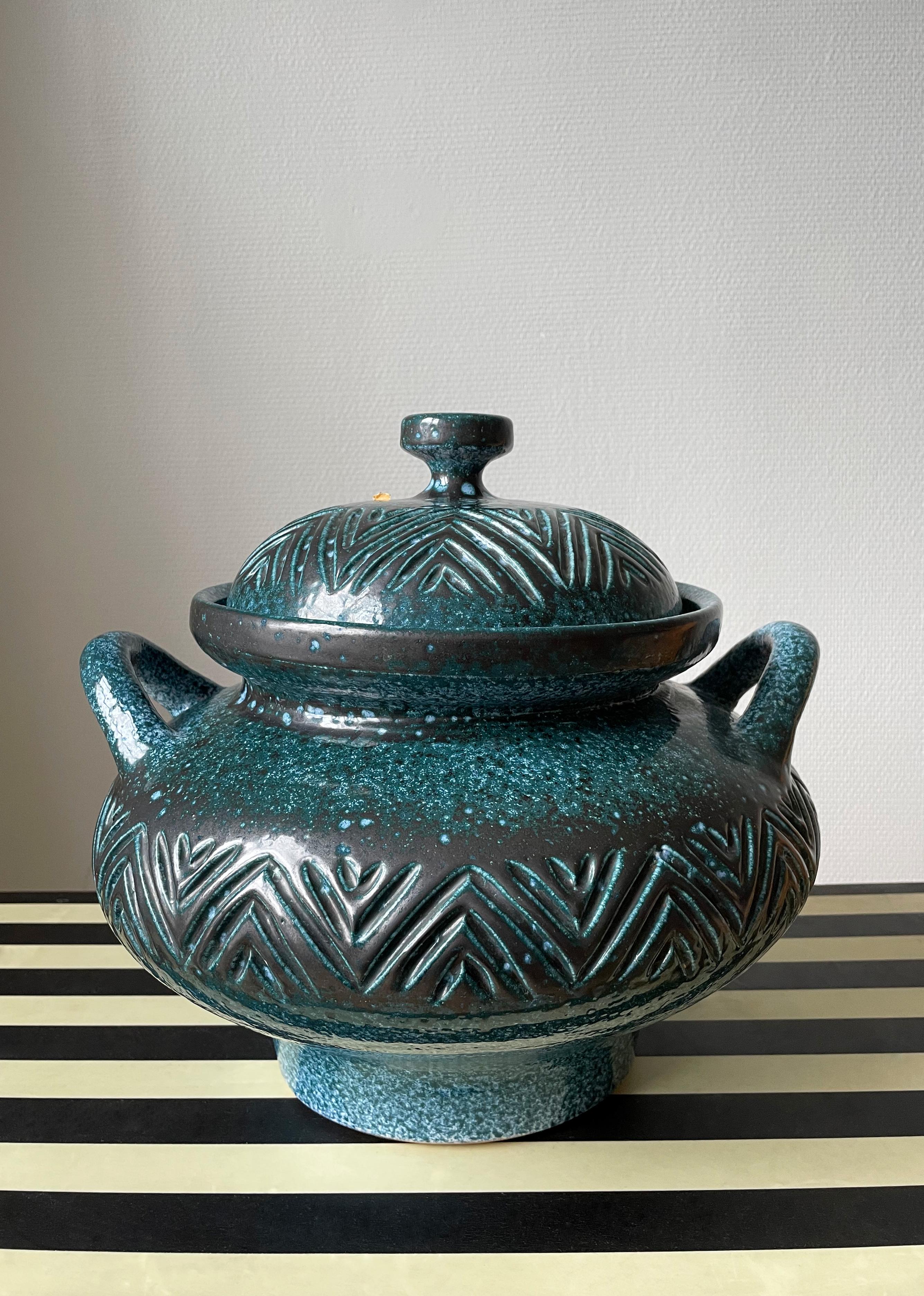 Mid-Century Modern Large Sea Green Ceramic Vintage Lidded Bowl, 1960s