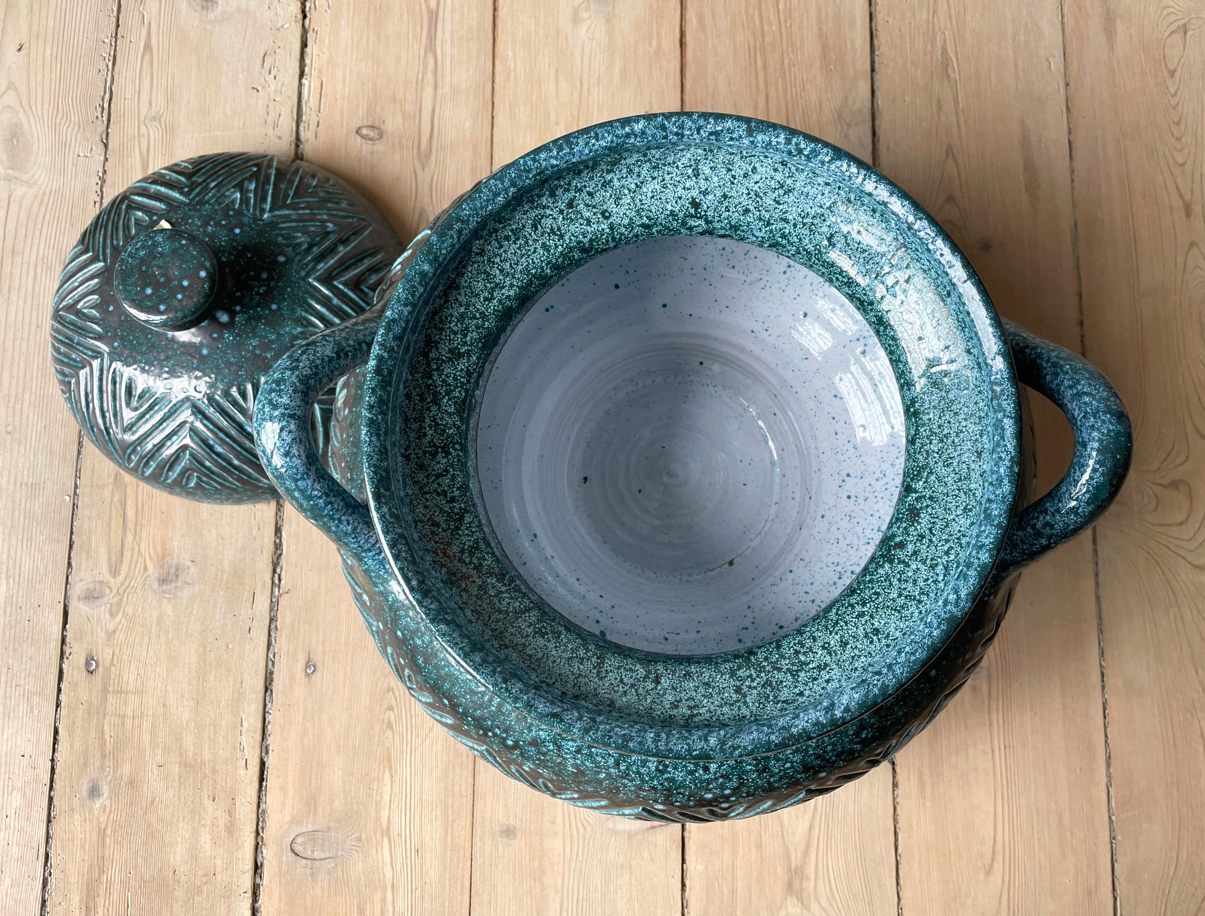 Danish Large Sea Green Ceramic Vintage Lidded Bowl, 1960s