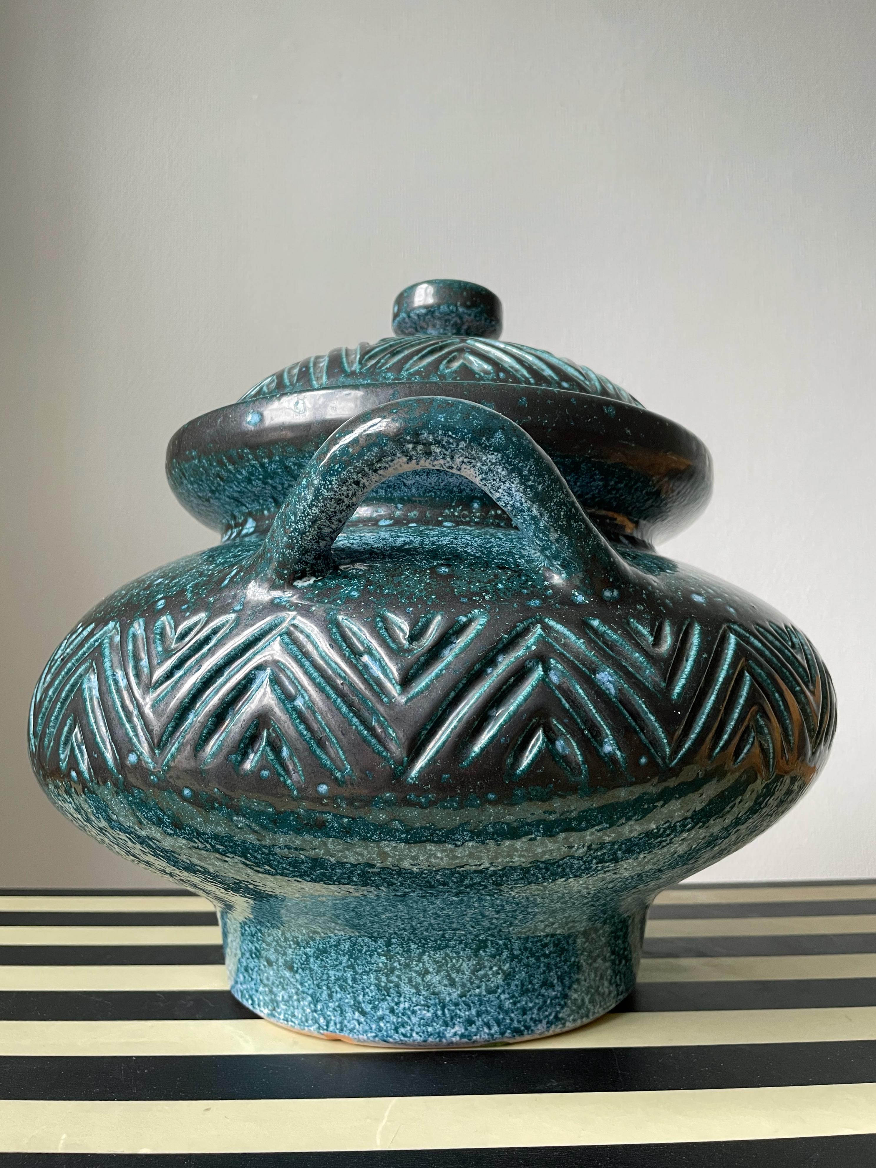 20th Century Large Sea Green Ceramic Vintage Lidded Bowl, 1960s
