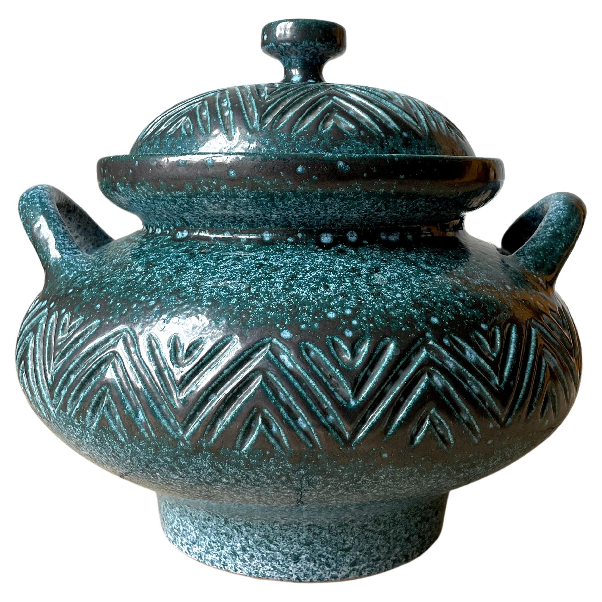 X-Large Sea Green Ceramic Vintage Lidded Bowl, 1960s