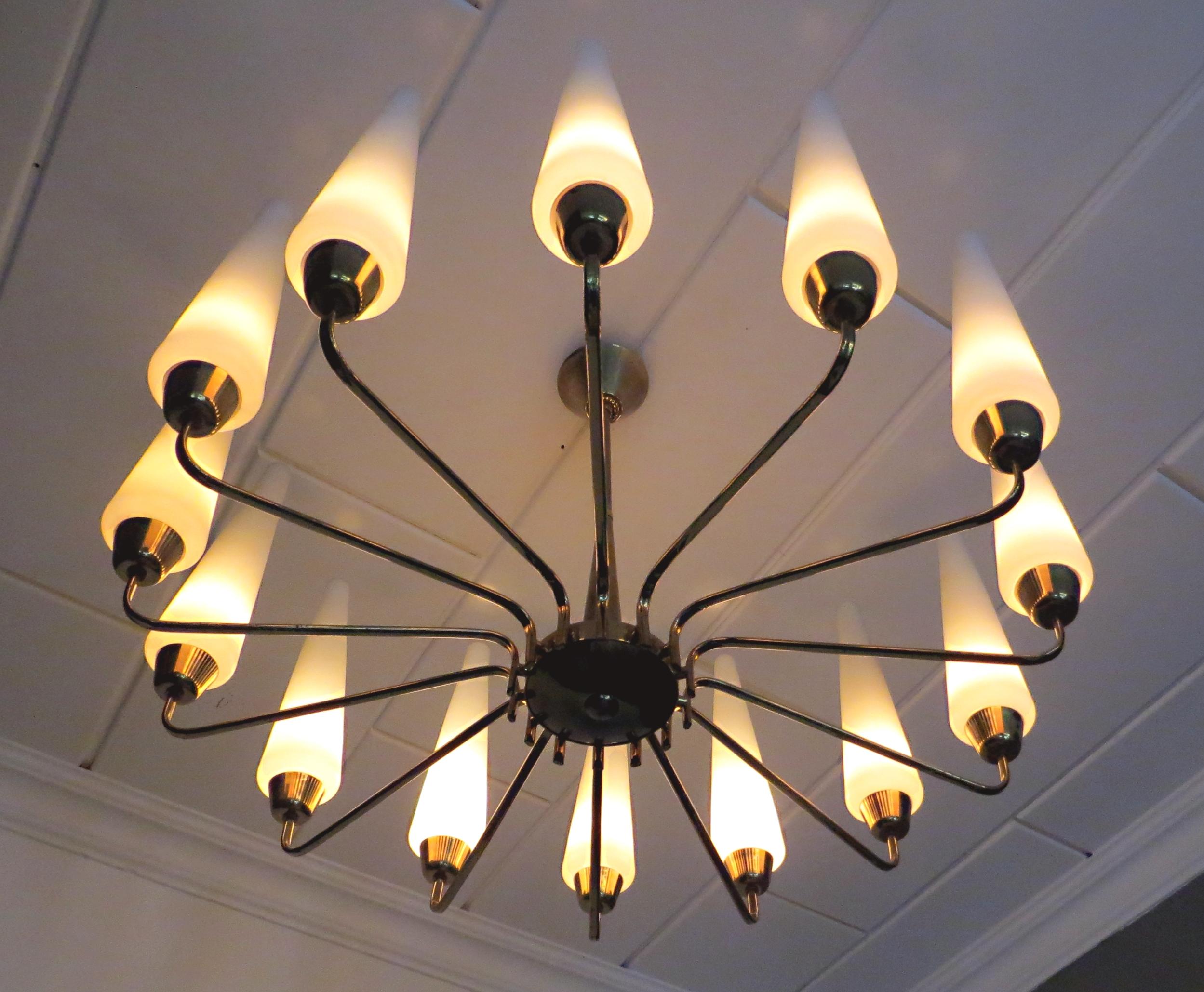 Gilt X-Large French Mid-Century Sunburst Chandelier with 14 White Satin Glasses 1950s For Sale