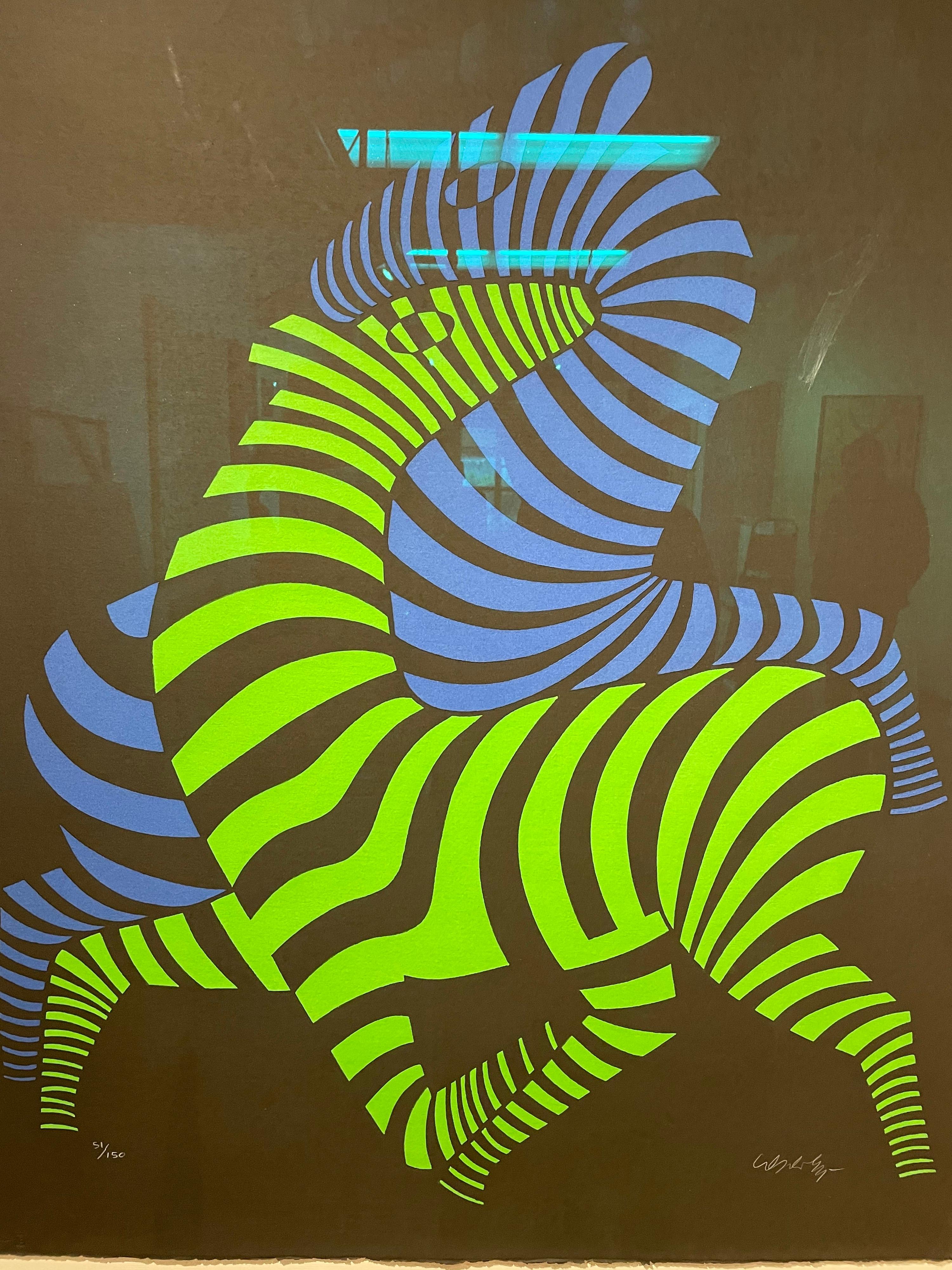 Glass X Large Freshly Framed Zebras Serigraph Signed & Numbered by Victor Vasarely