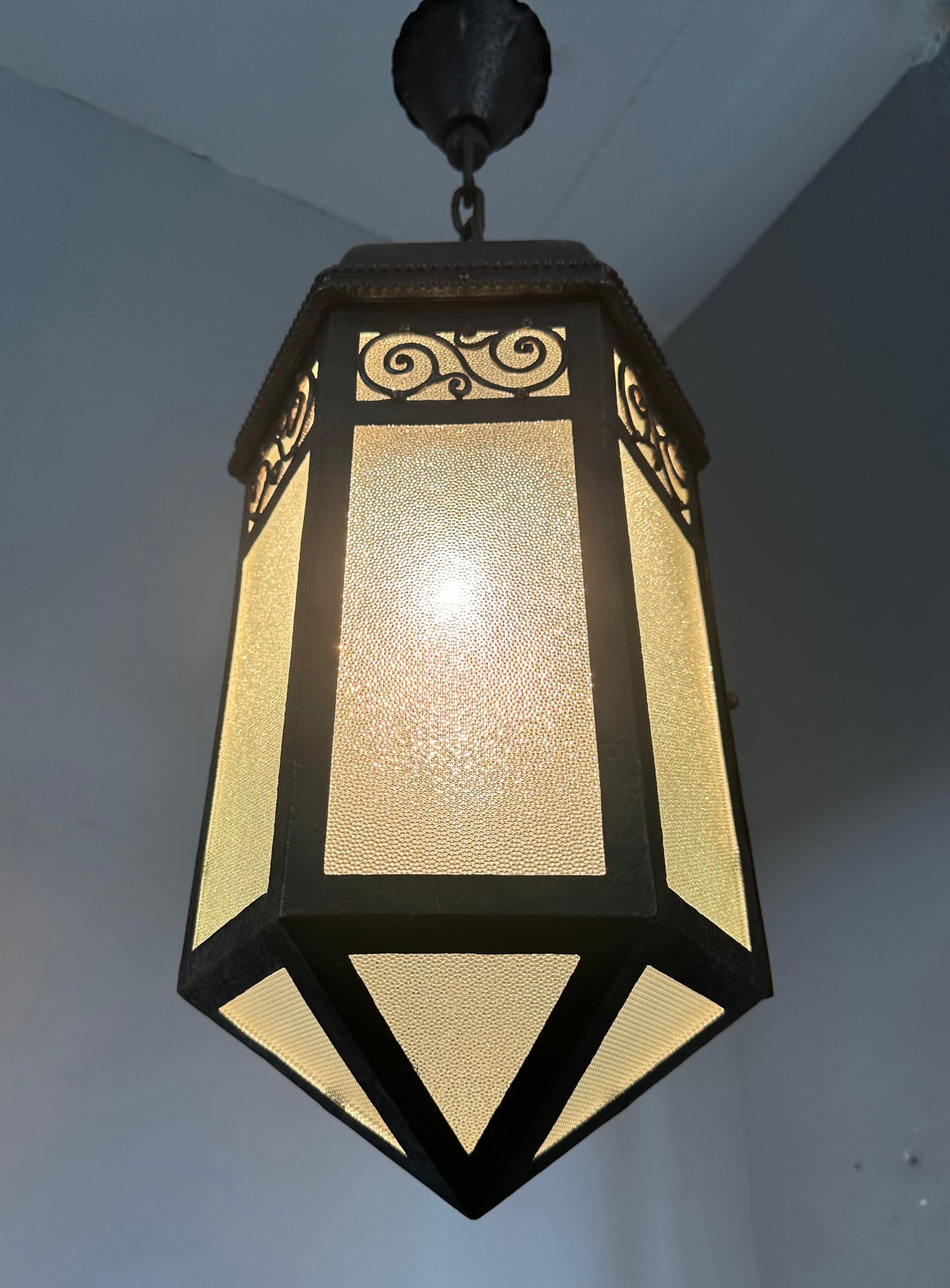 Extra Large Arts & Crafts Wrought Iron Porch or Hallway Pendant Light / Lantern For Sale 2