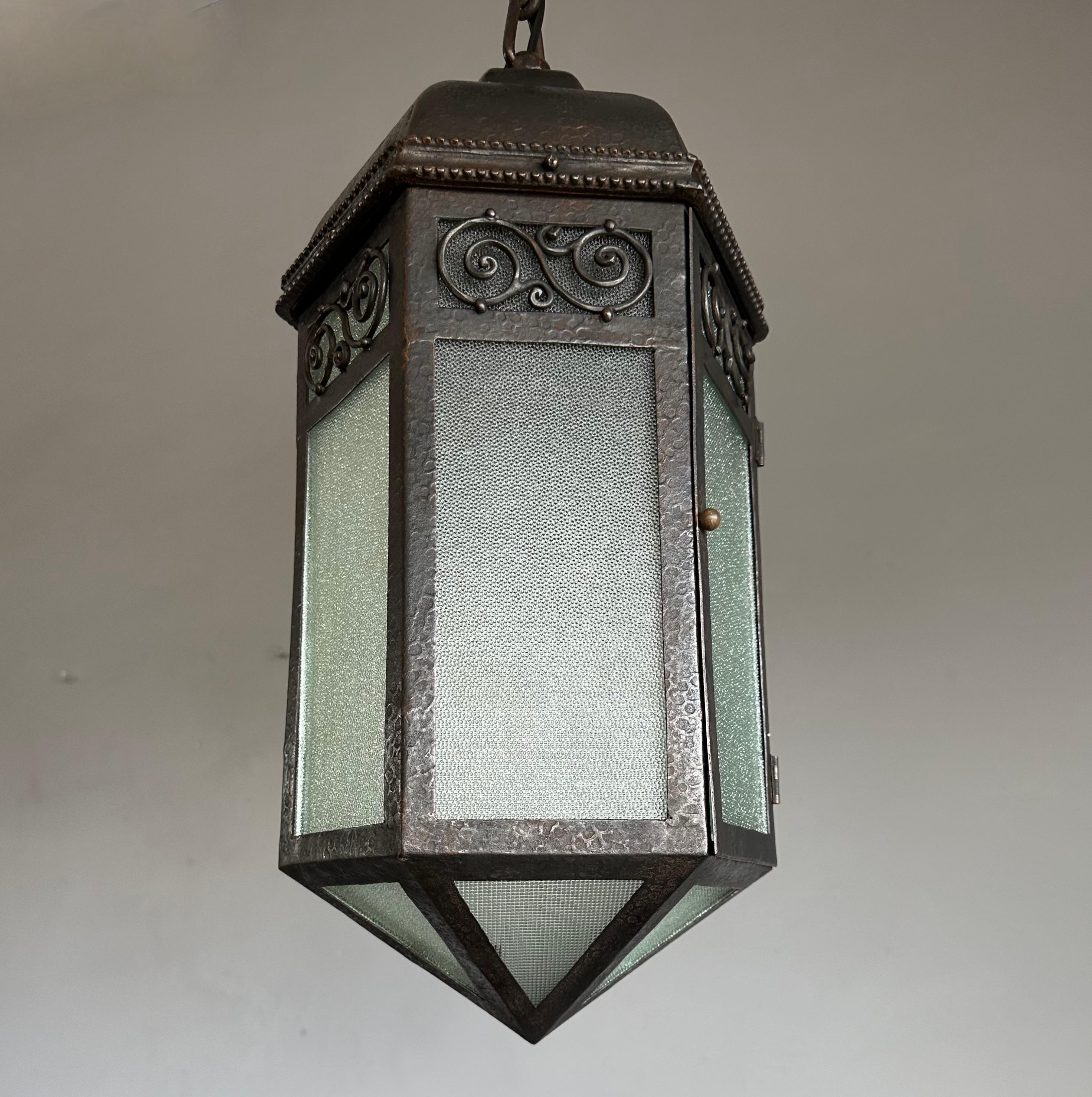 Extra Large Arts & Crafts Wrought Iron Porch or Hallway Pendant Light / Lantern For Sale 3