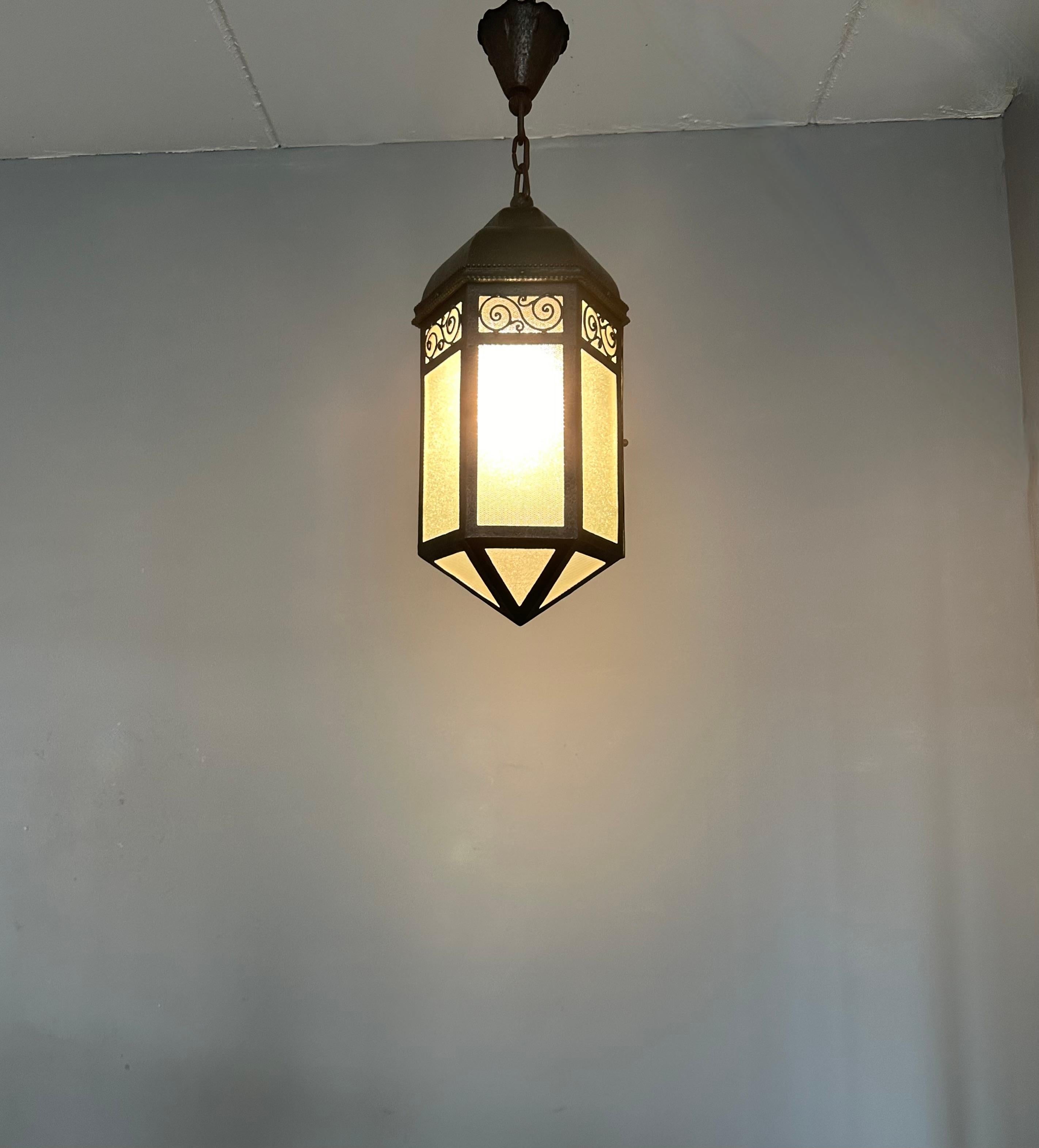 Extra Large Arts & Crafts Wrought Iron Porch or Hallway Pendant Light / Lantern For Sale 4