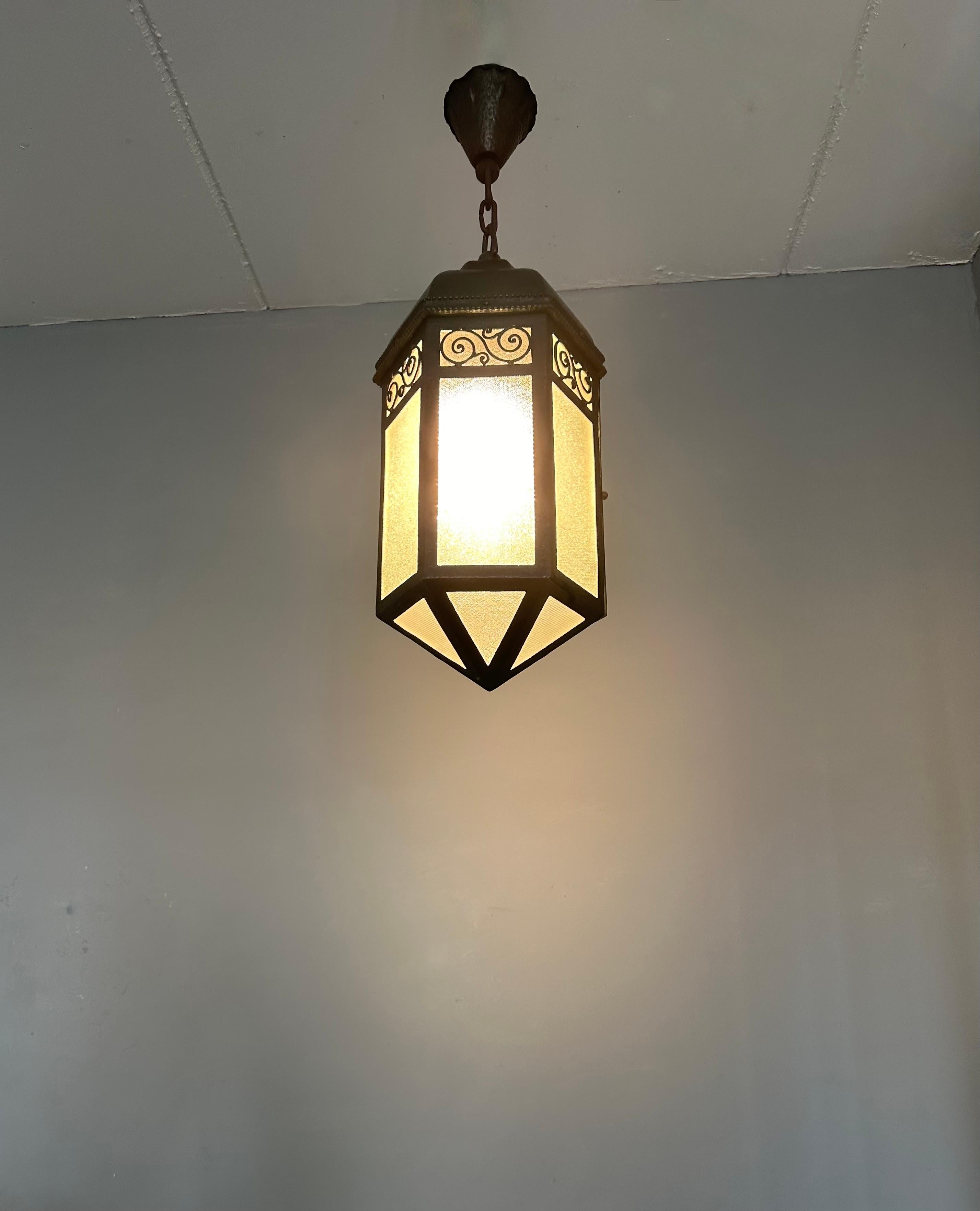 Extra Large Arts & Crafts Wrought Iron Porch or Hallway Pendant Light / Lantern For Sale 5