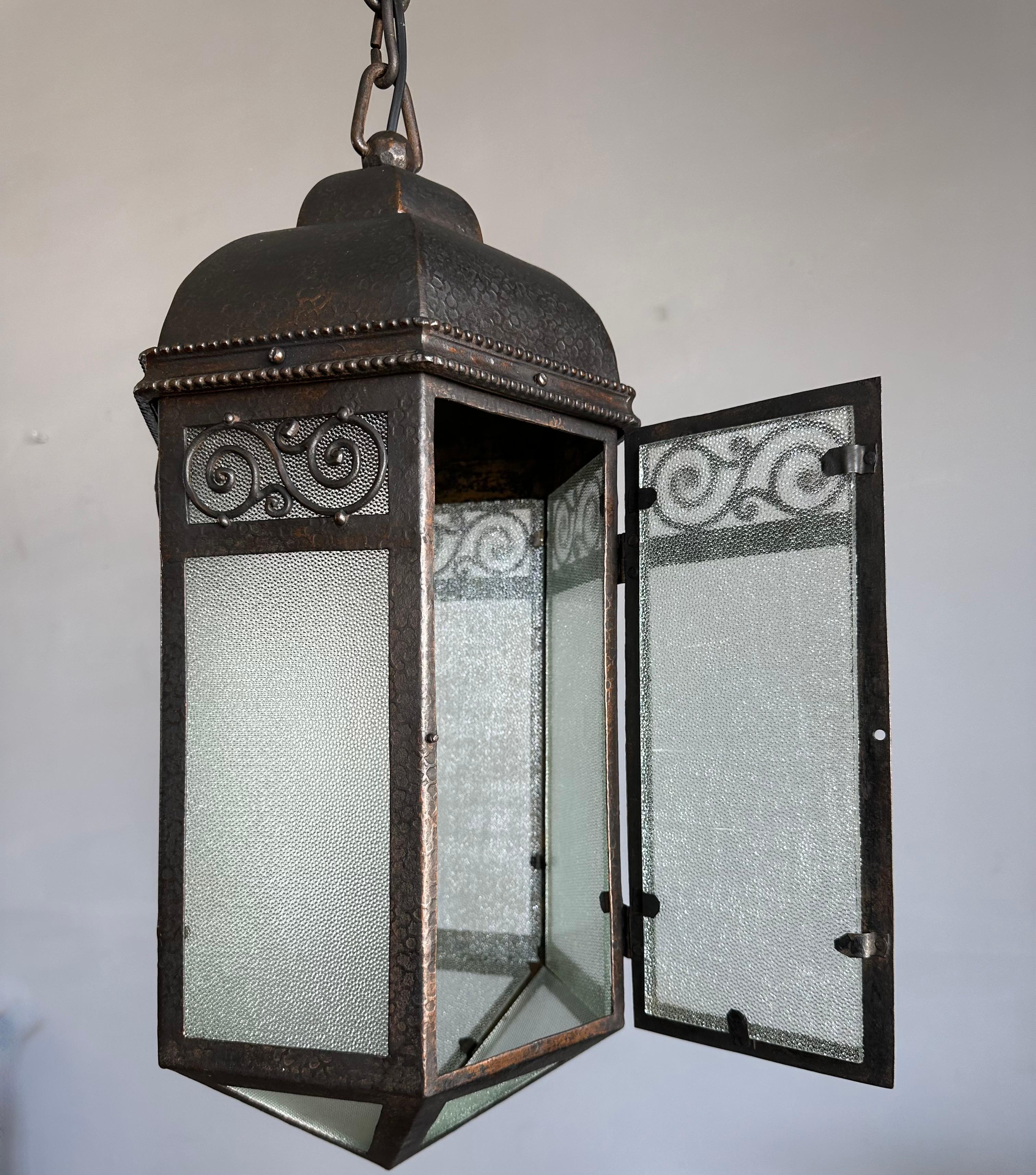Extra Large Arts & Crafts Wrought Iron Porch or Hallway Pendant Light / Lantern For Sale 9