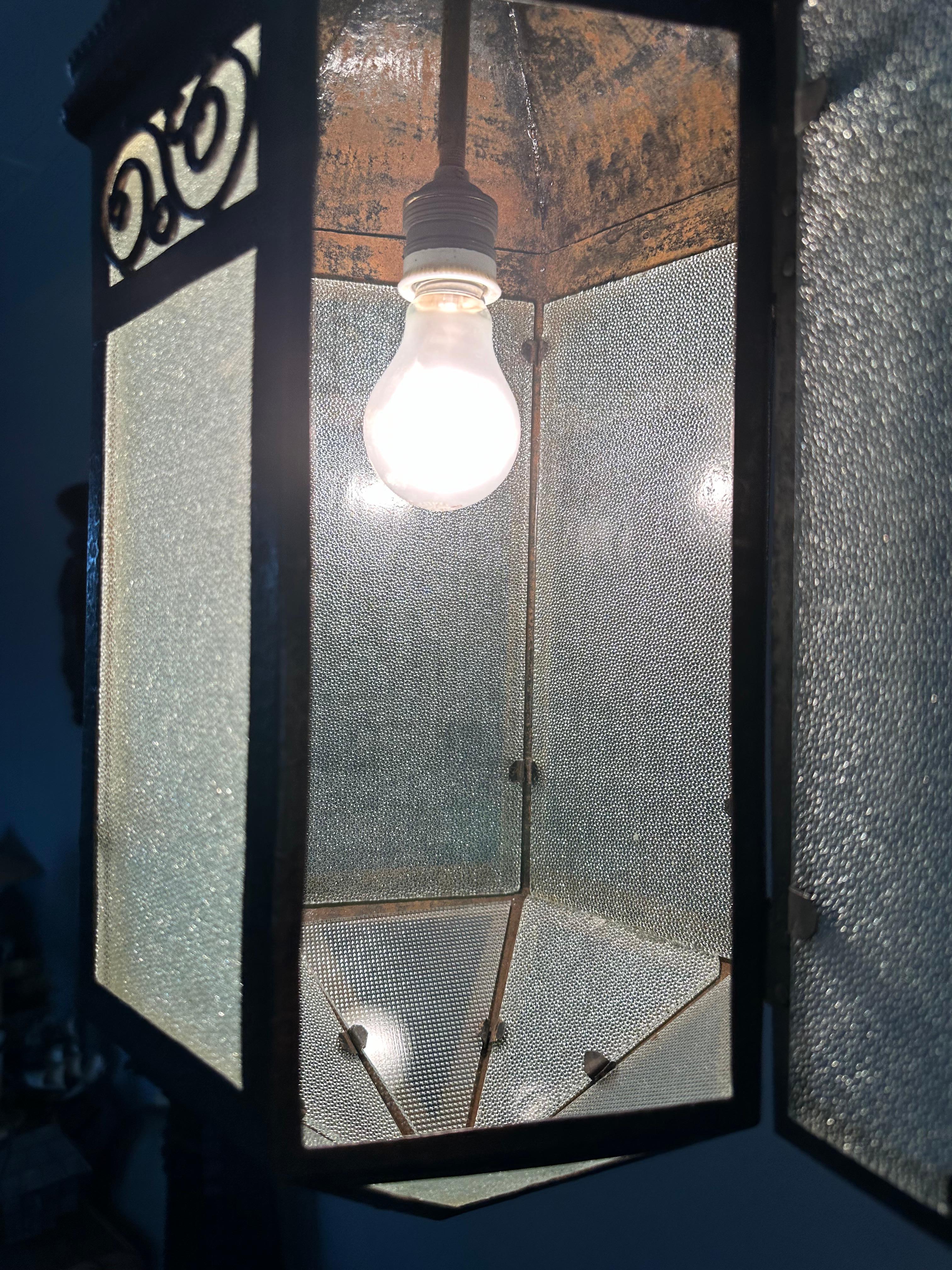 Extra Large Arts & Crafts Wrought Iron Porch or Hallway Pendant Light / Lantern For Sale 10