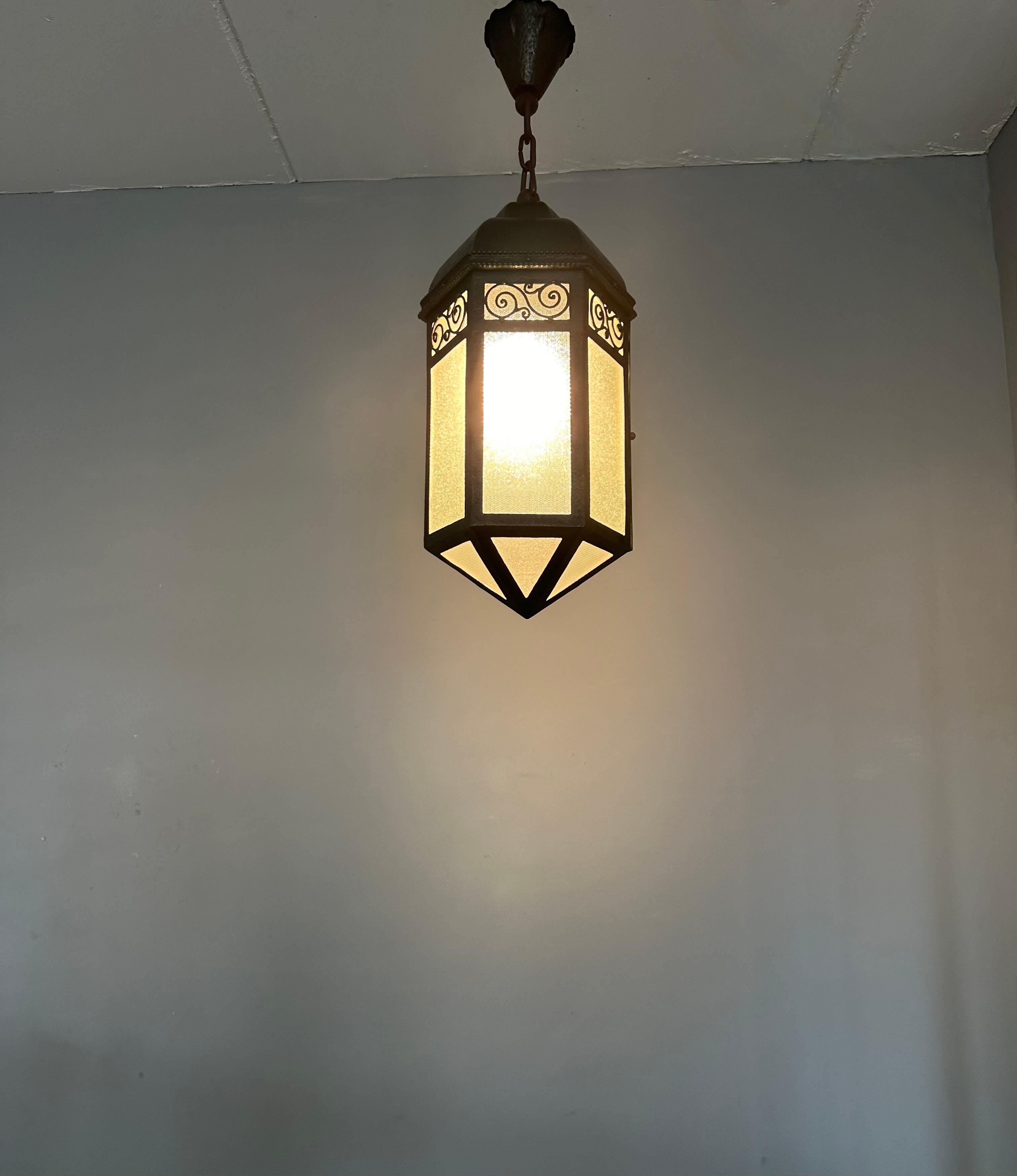 Extra Large Arts & Crafts Wrought Iron Porch or Hallway Pendant Light / Lantern For Sale 11