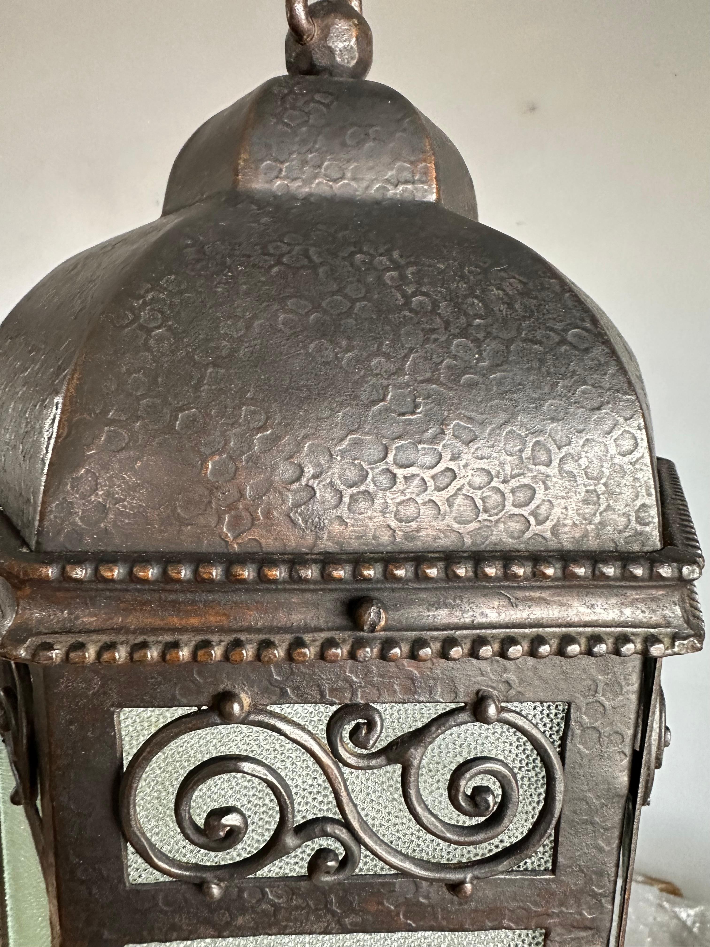 Extra Large Arts & Crafts Wrought Iron Porch or Hallway Pendant Light / Lantern For Sale 12