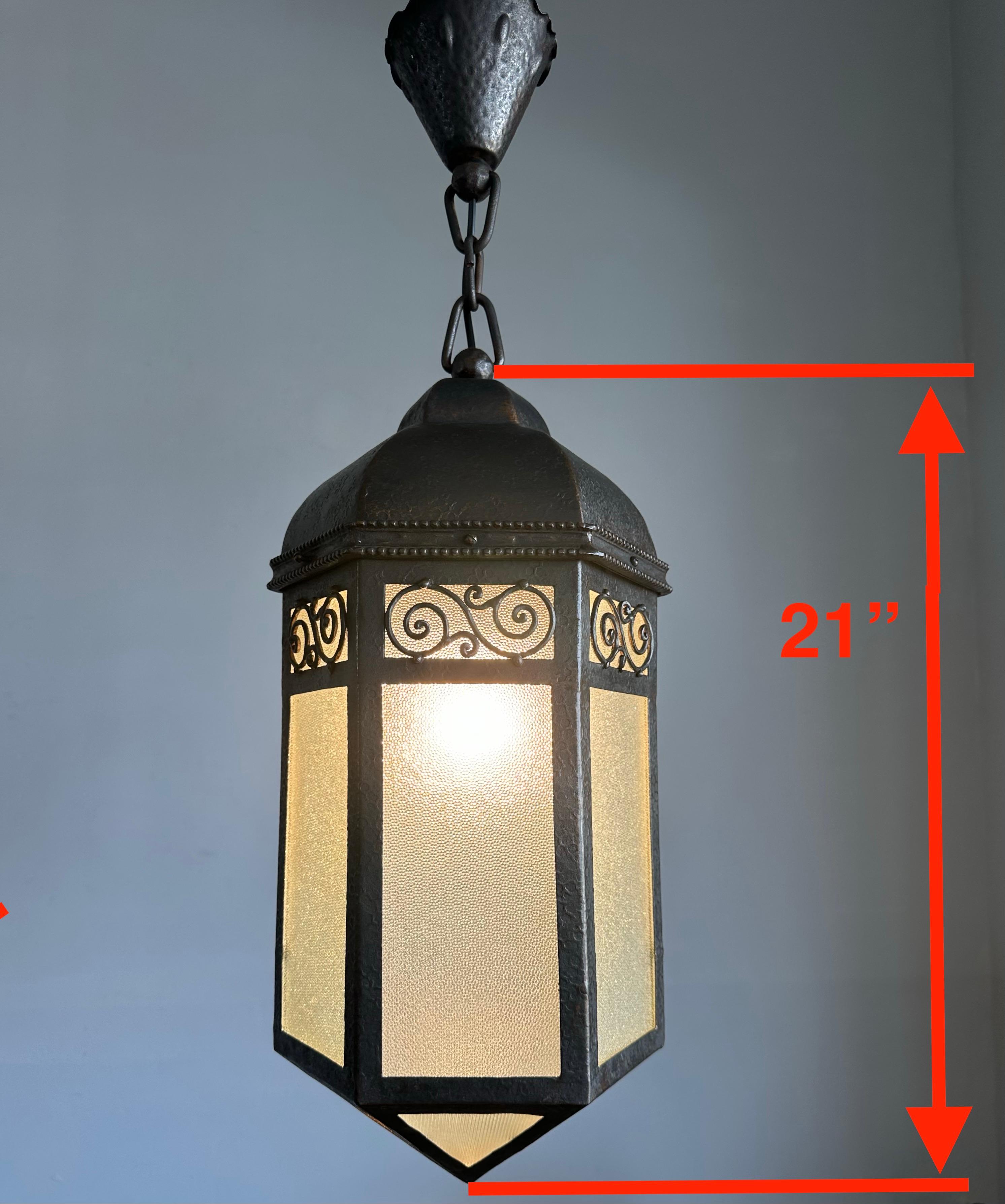 Arts and Crafts Extra Large Arts & Crafts Wrought Iron Porch or Hallway Pendant Light / Lantern For Sale