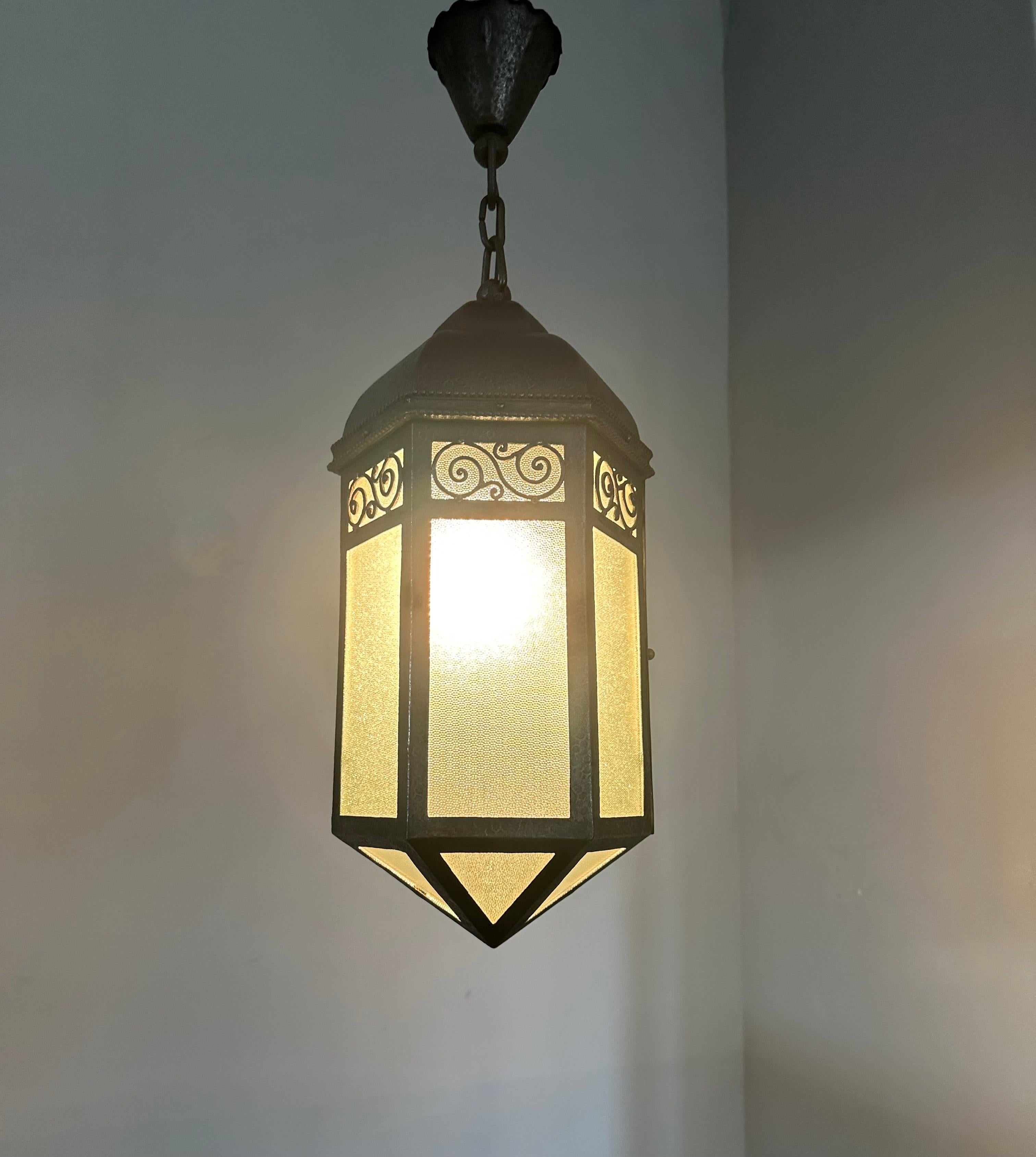 European Extra Large Arts & Crafts Wrought Iron Porch or Hallway Pendant Light / Lantern For Sale