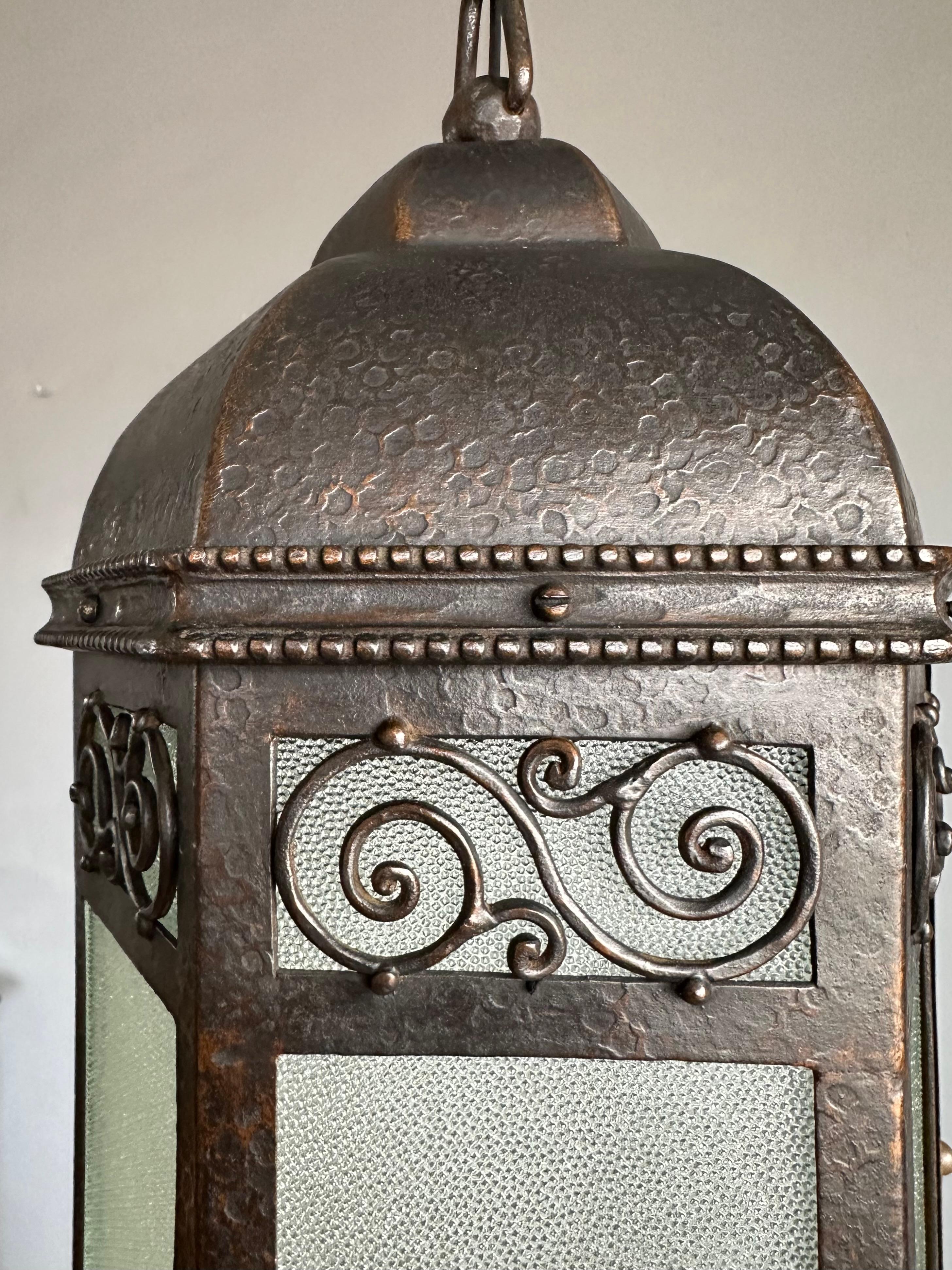 Hammered Extra Large Arts & Crafts Wrought Iron Porch or Hallway Pendant Light / Lantern For Sale