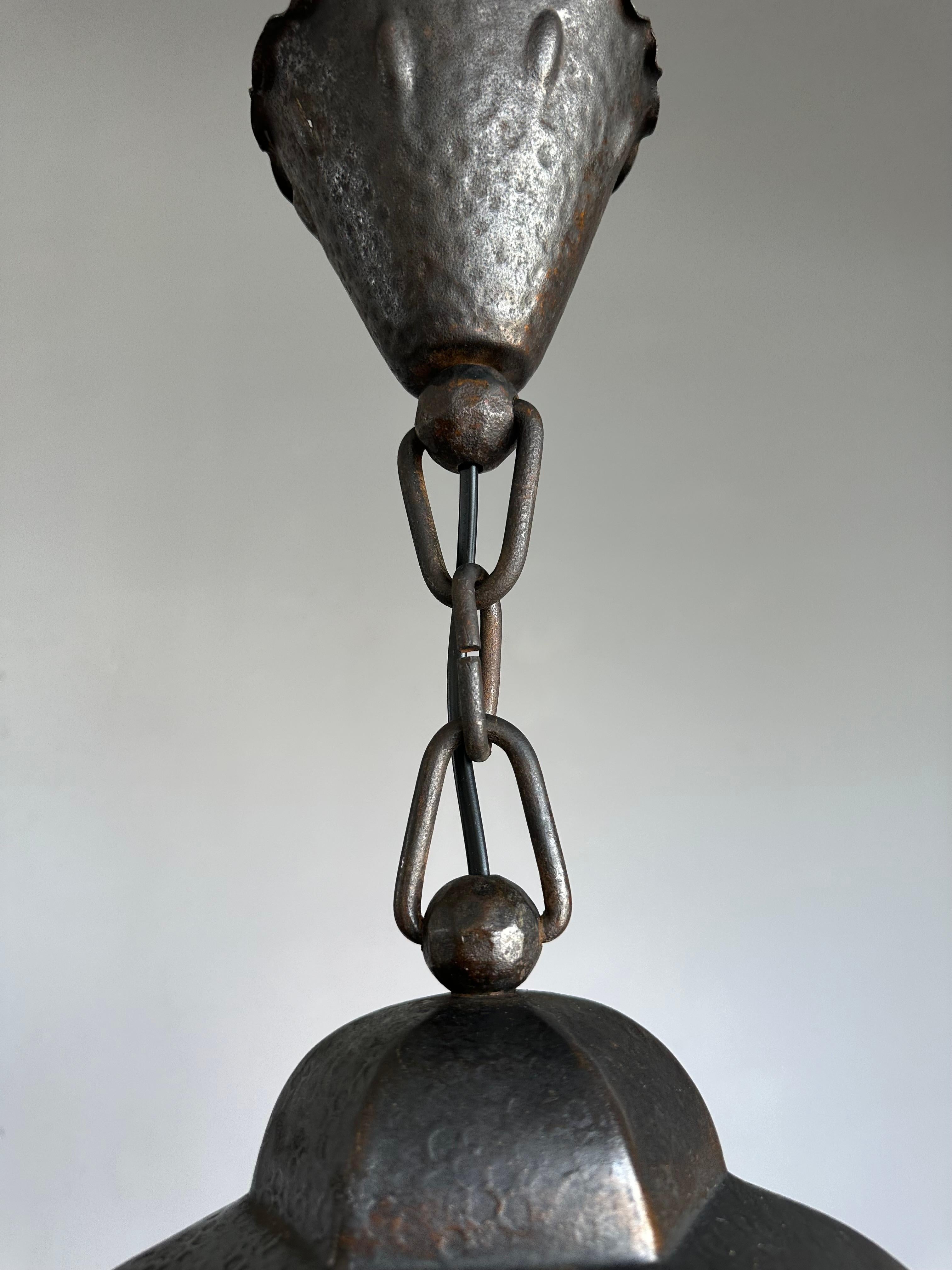 20th Century Extra Large Arts & Crafts Wrought Iron Porch or Hallway Pendant Light / Lantern For Sale