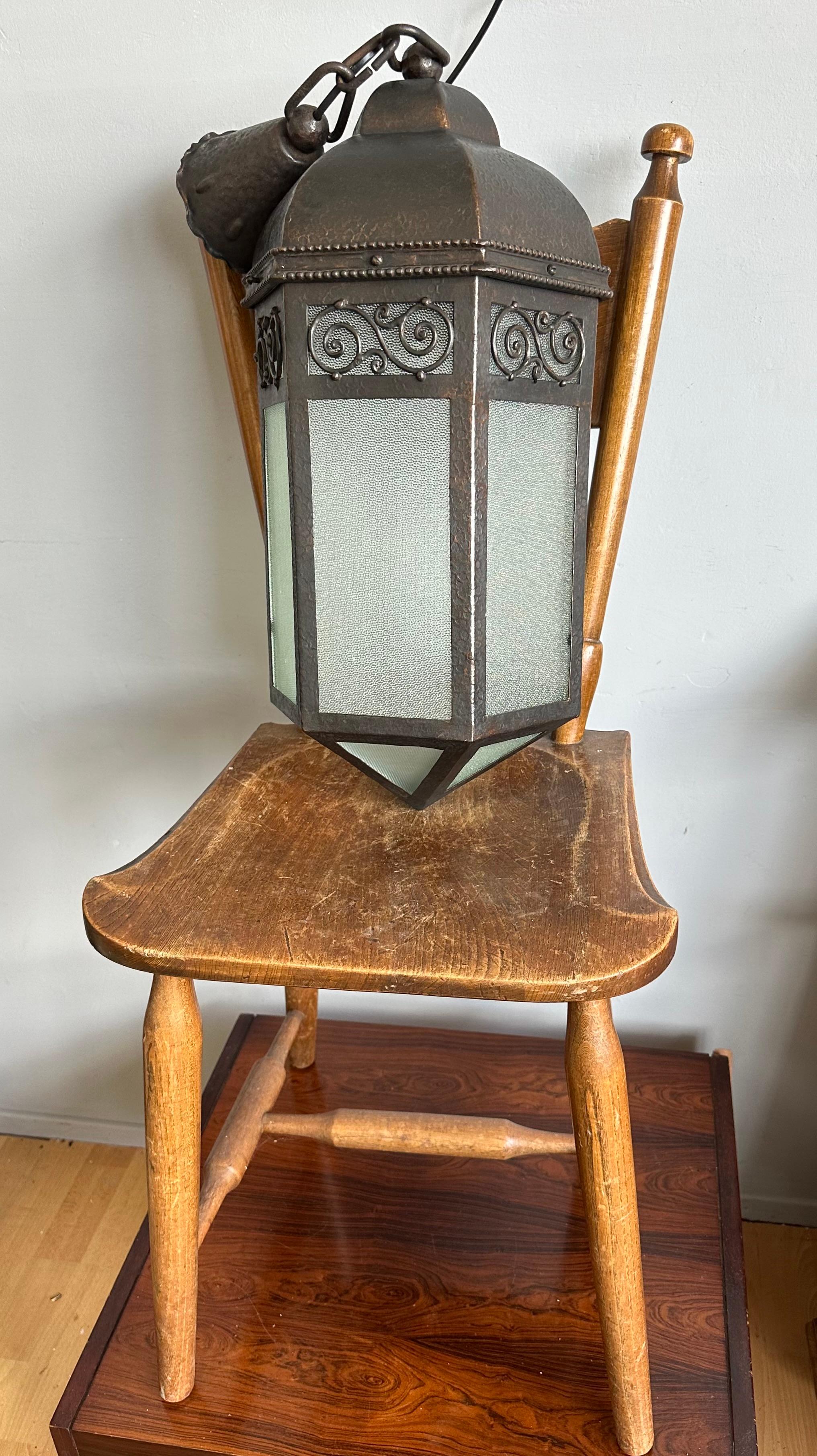 Art Glass Extra Large Arts & Crafts Wrought Iron Porch or Hallway Pendant Light / Lantern For Sale