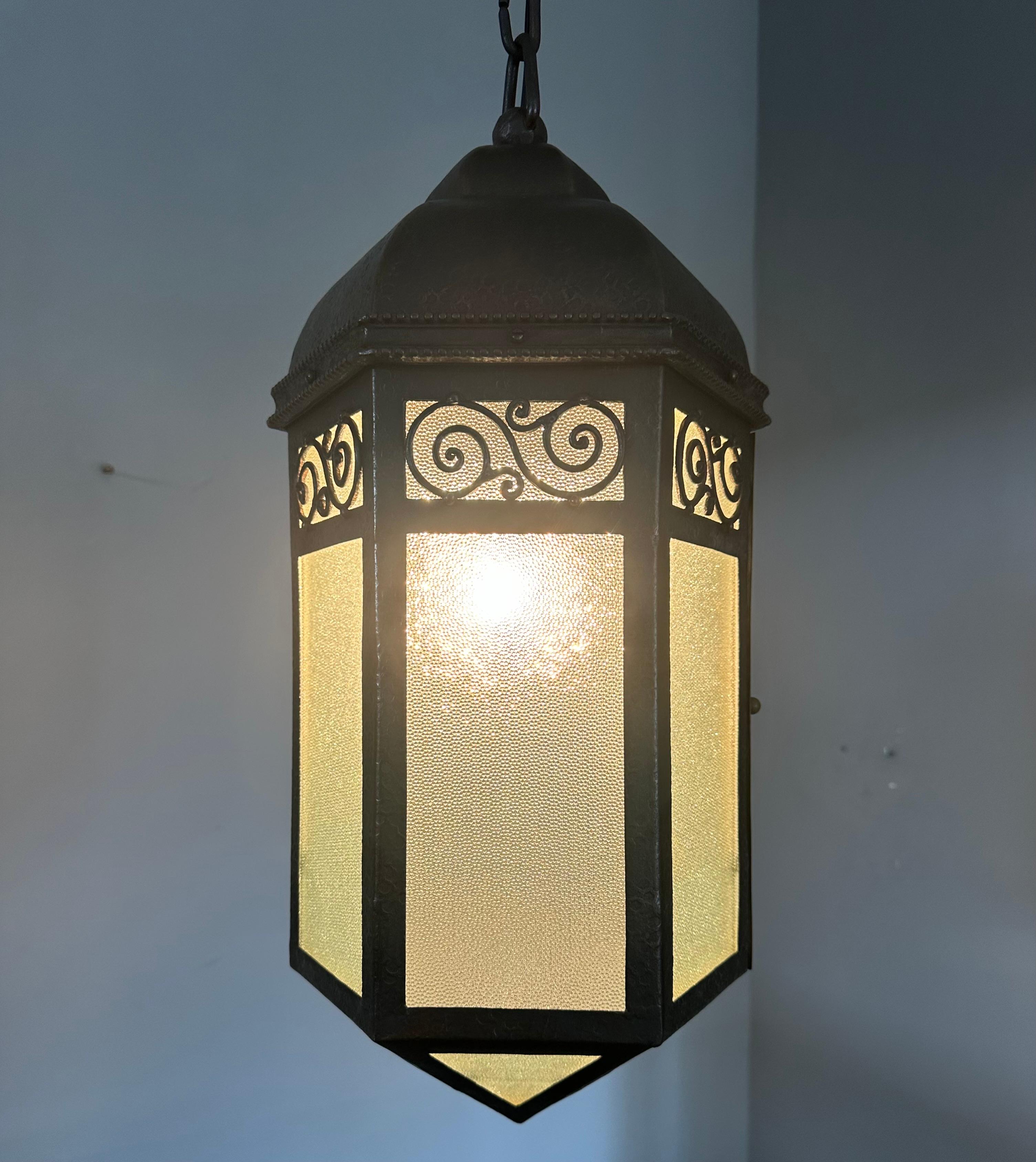 Extra Large Arts & Crafts Wrought Iron Porch or Hallway Pendant Light / Lantern For Sale 1