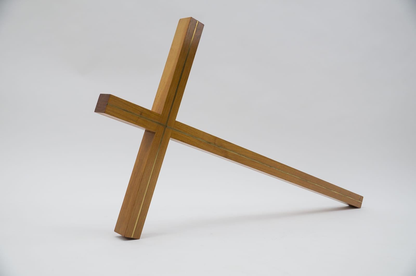 Swiss X-Large Mid-Century Modern Wallnut & Brass Crucifix, 1950s Germany For Sale