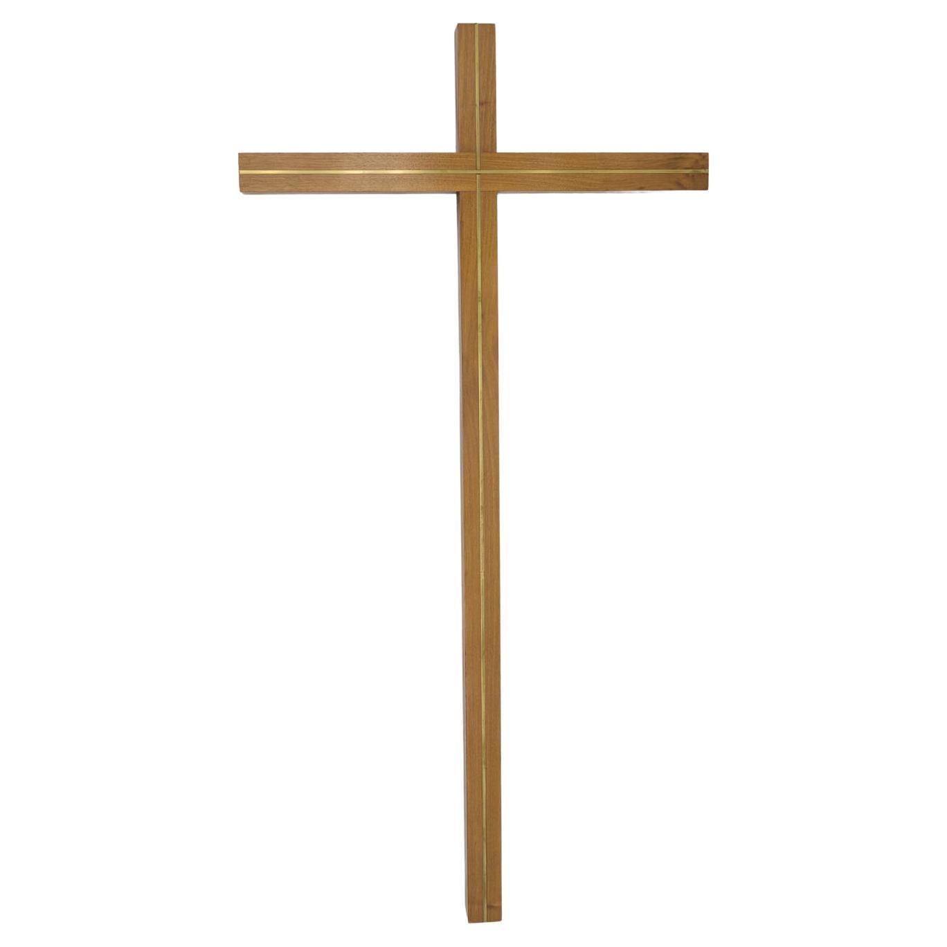 X-Large Mid-Century Modern Wallnut & Brass Crucifix, 1950s Germany For Sale