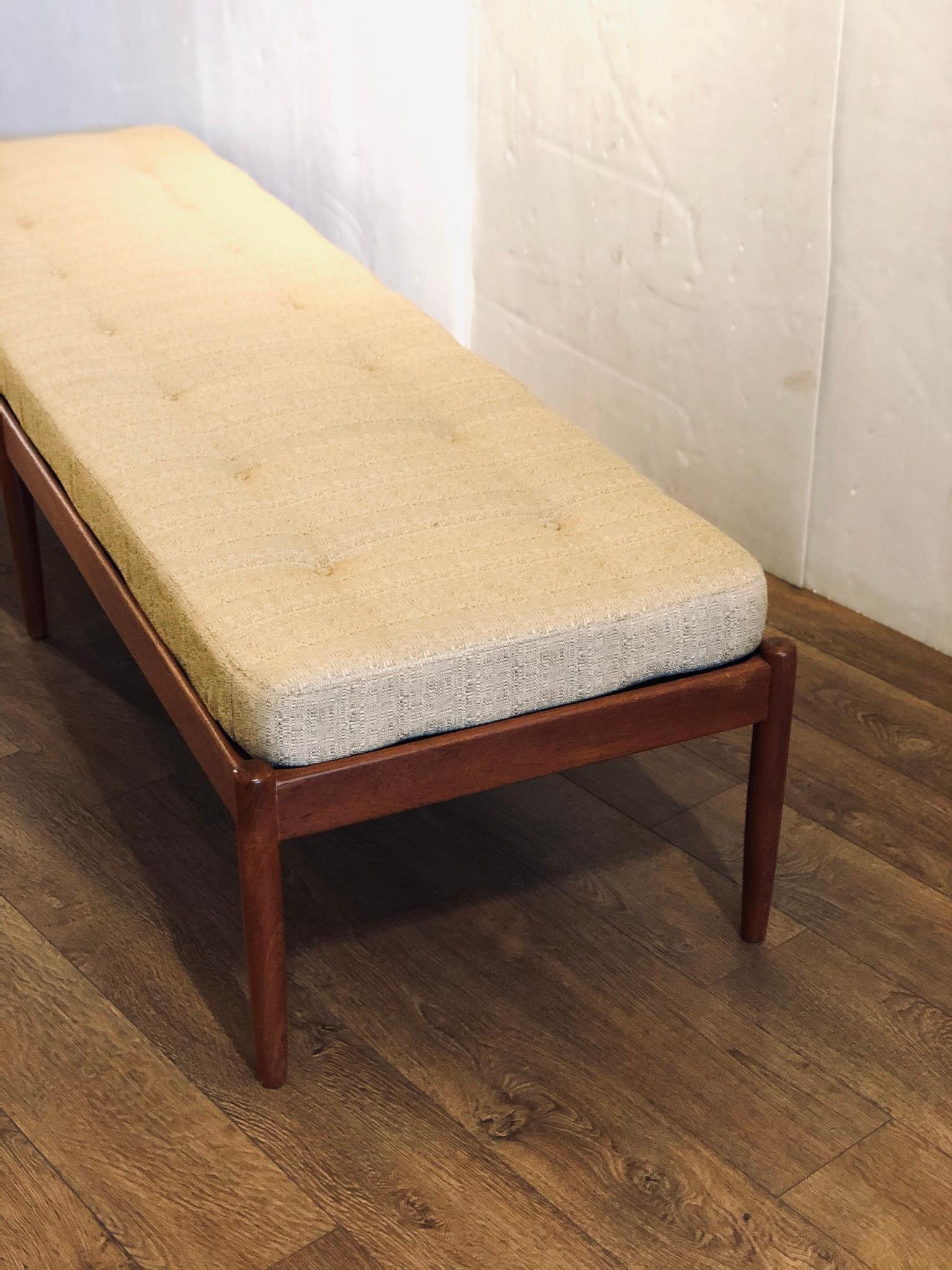A beautiful solid walnut extra large bench, freshly refinished and reupholstered in gold fabric, a great piece to put in front of your bed along a wall, etc.
