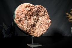 Large Pink Amethyst Heart with Green Jasper and Galaxy Druzy on Stand