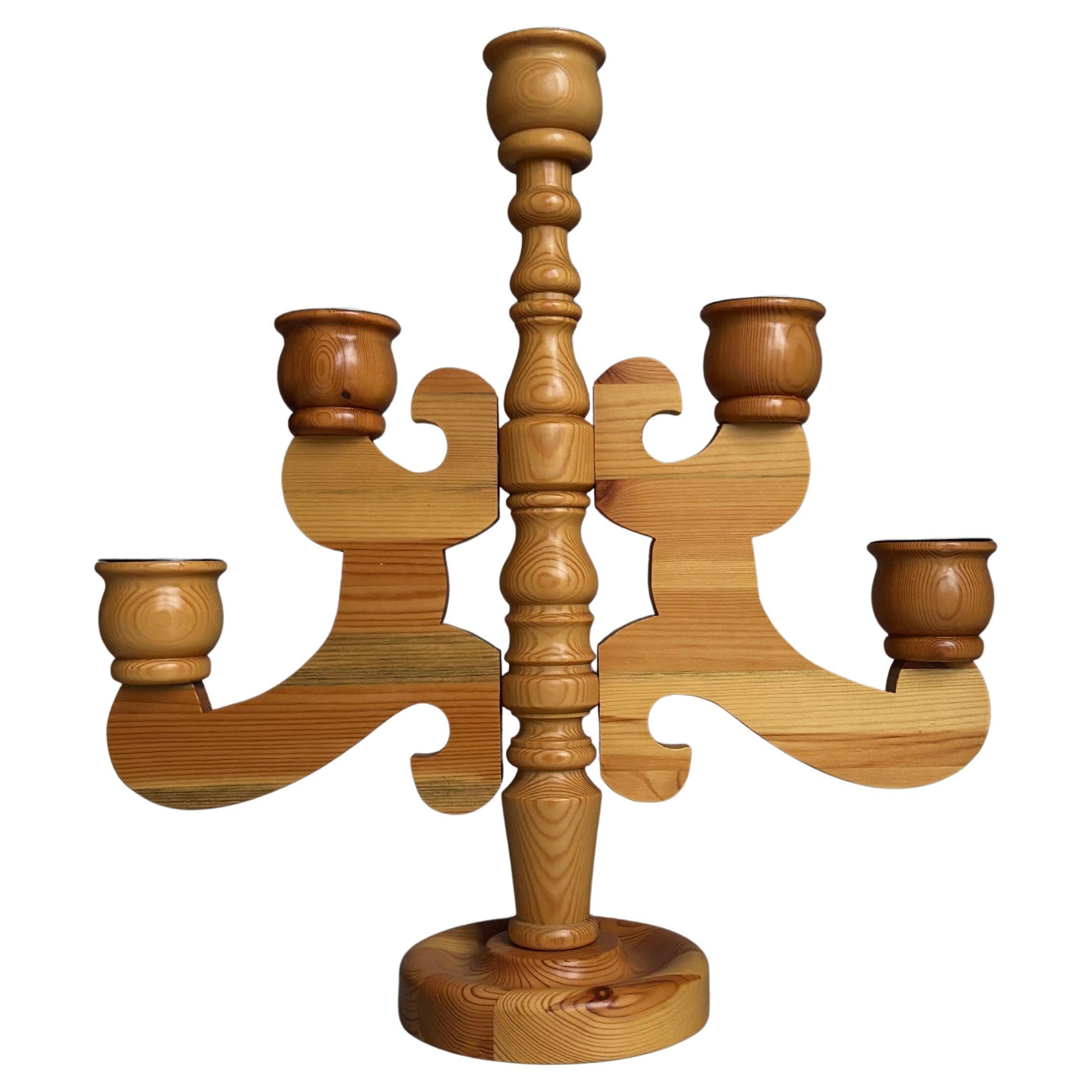 X-Large Smålandsslöjd 1970s Five Arm Pine Candelabra, Sweden For Sale